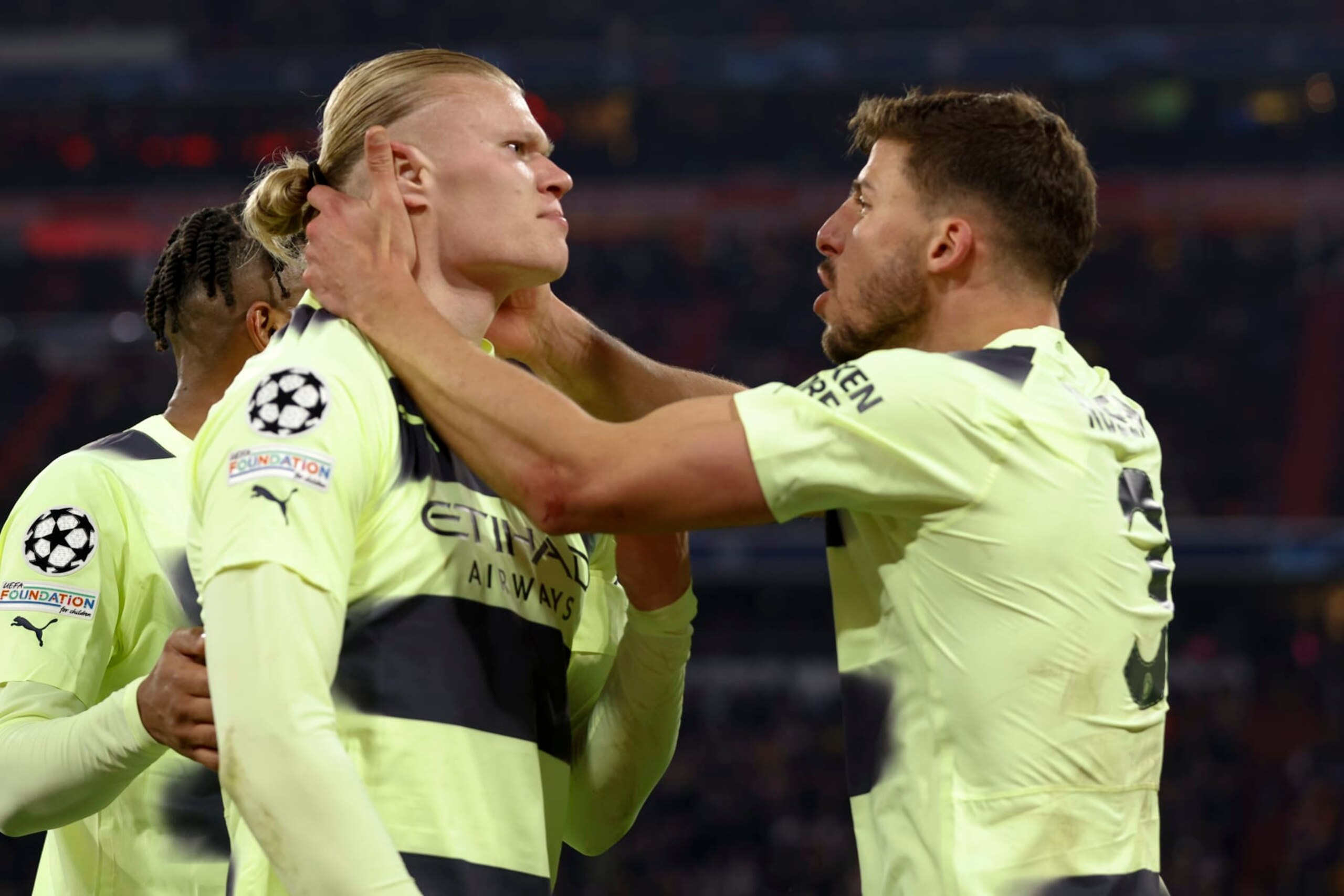 MUNICH, GERMANY - APRIL 19: Erling Haaland and Ruben Dias of Manchester City celebrate 1st goal during the UEFA Champions League Quarterfinal Second Leg match between FC Bayern Munich and Manchester City at Allianz Arena on April 19, 2023 in Munich, Germany. (Photo by Richard Sellers/Sportsphoto/Allstar via Getty Images)