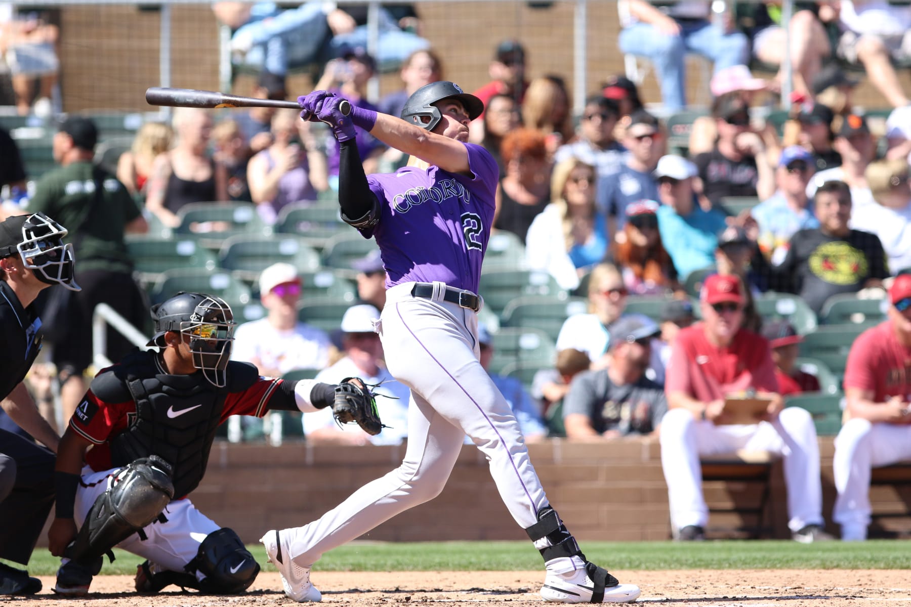 SCOTTSDALE, AZ - MARCH 12: Colorado Rockies left fielder Nolan Jones bats during the spring training game against the Arizona Diamondbacks on March 12, 2023, at Salt River Field in Scottsdale, Arizona. (Photo by Wilfred Perez/Icon Sportswire via Getty Images)