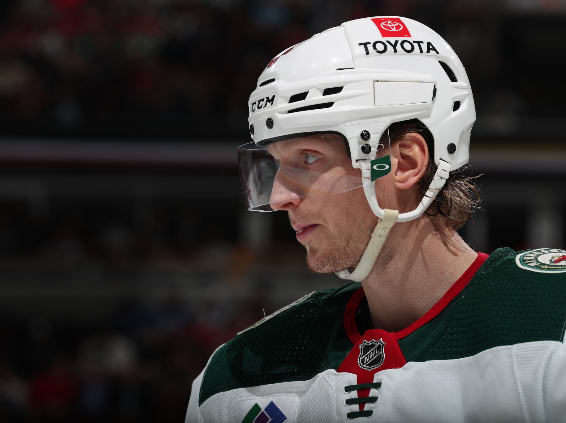 CHICAGO, ILLINOIS - APRIL 10: John Klingberg #3 of the Minnesota Wild looks on during the game against the Chicago Blackhawks at United Center on April 10, 2023 in Chicago, Illinois. (Photo by Chase Agnello-Dean/NHLI via Getty Images)