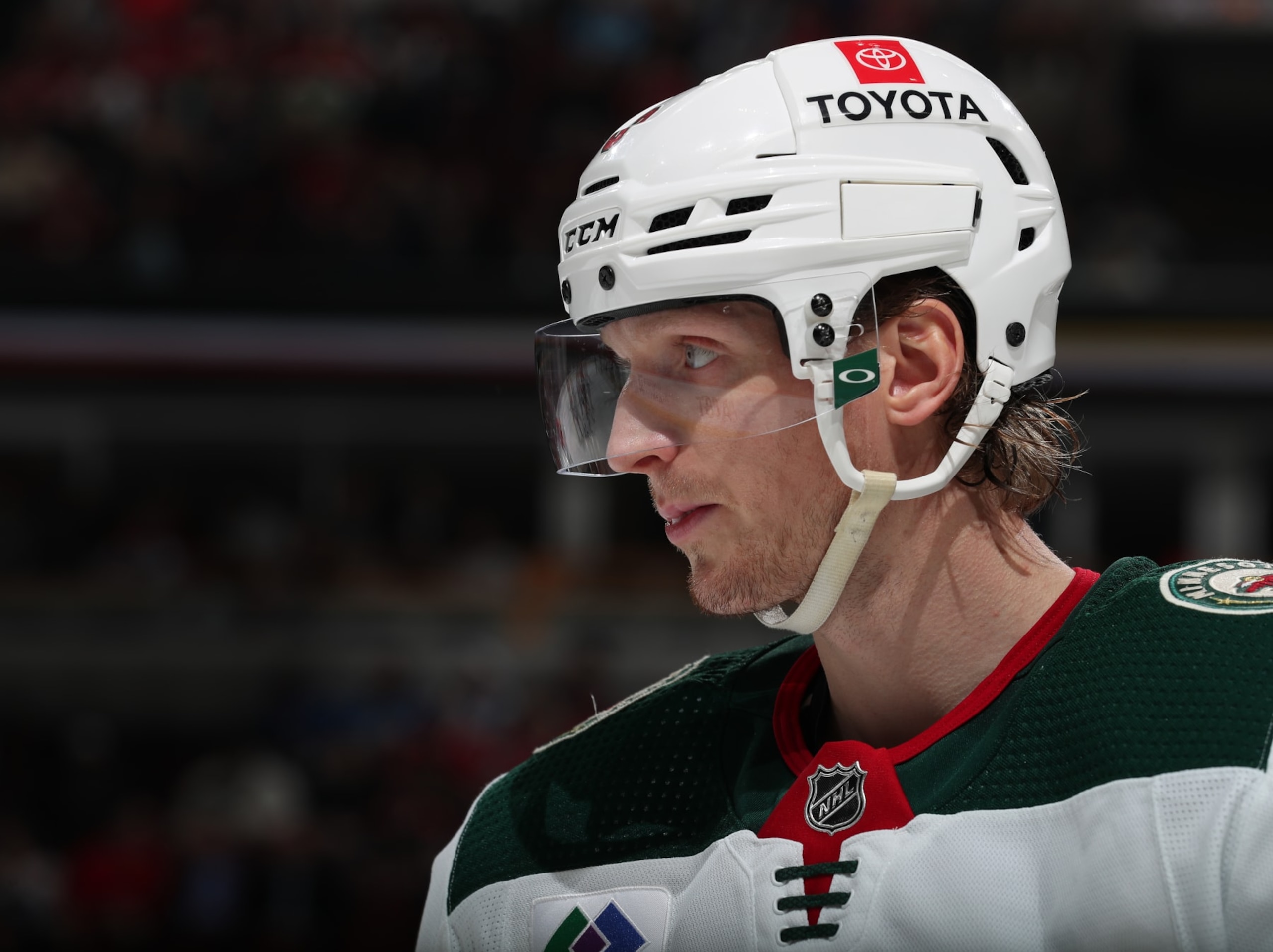 CHICAGO, ILLINOIS - APRIL 10: John Klingberg #3 of the Minnesota Wild looks on during the game against the Chicago Blackhawks at United Center on April 10, 2023 in Chicago, Illinois. (Photo by Chase Agnello-Dean/NHLI via Getty Images)
