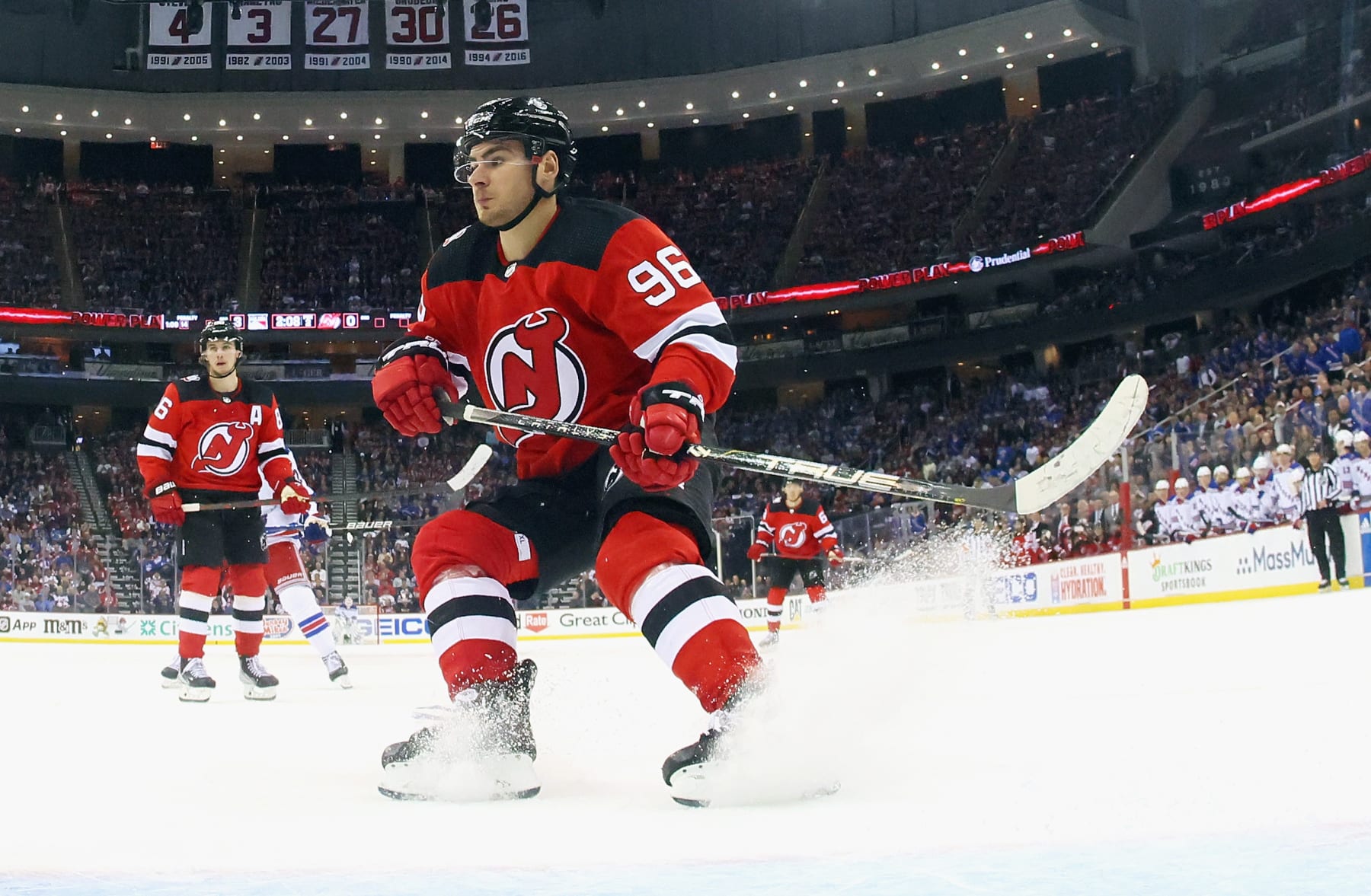 NEWARK, NEW JERSEY - APRIL 18: Timo Meier #96 of the New Jersey Devils skates against the New York Rangers during Game One in the First Round of the 2023 Stanley Cup Playoffs at the Prudential Center on April 18, 2023 in Newark, New Jersey. (Photo by Bruce Bennett/Getty Images)
