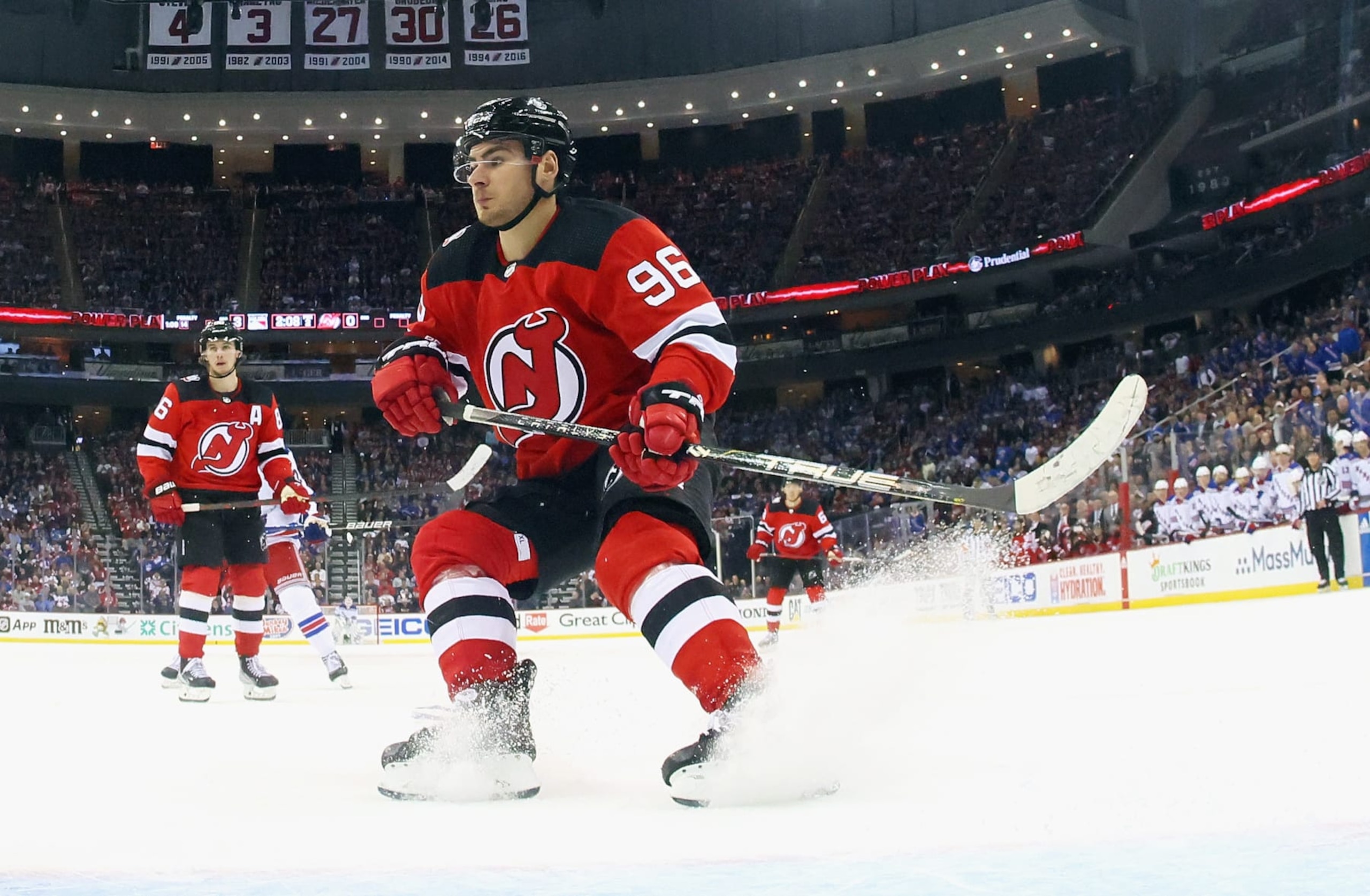 NEWARK, NEW JERSEY - APRIL 18: Timo Meier #96 of the New Jersey Devils skates against the New York Rangers during Game One in the First Round of the 2023 Stanley Cup Playoffs at the Prudential Center on April 18, 2023 in Newark, New Jersey. (Photo by Bruce Bennett/Getty Images)