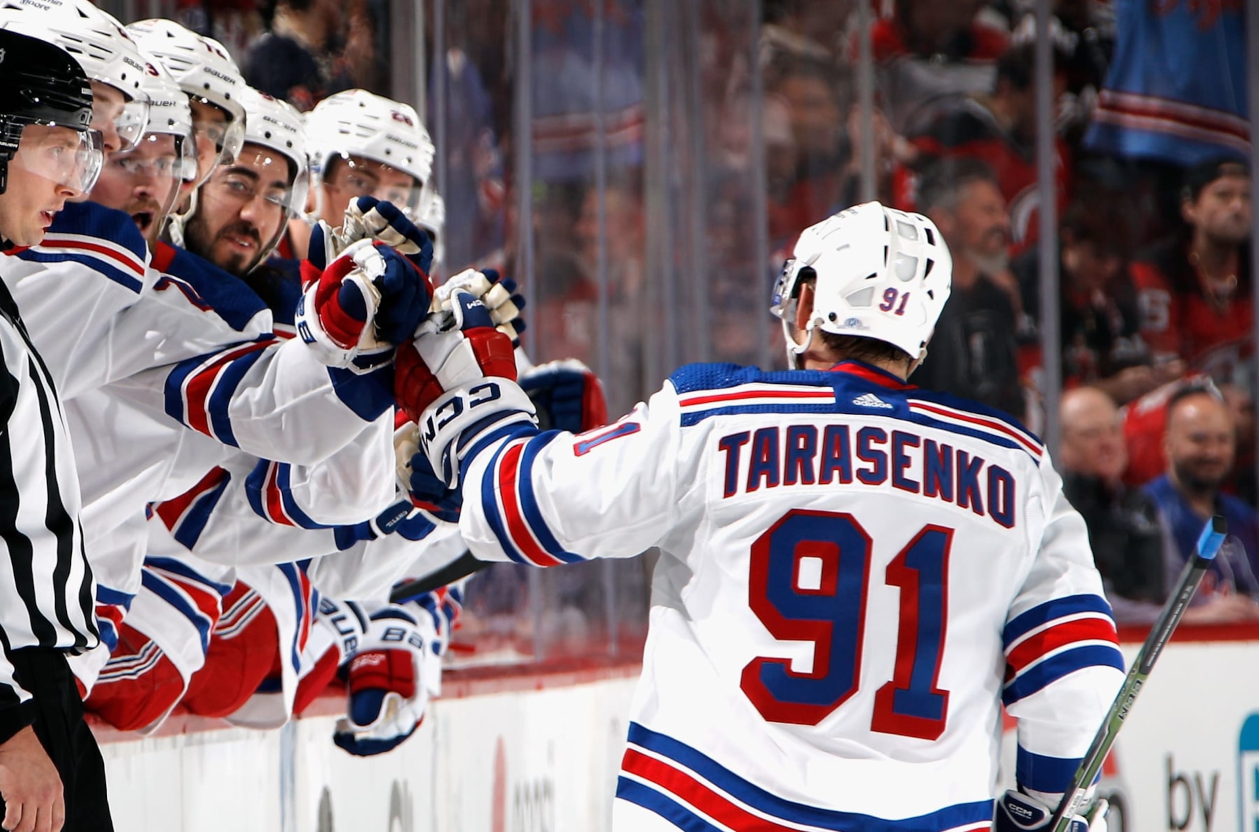 NEWARK, NEW JERSEY - APRIL 18: Vladimir Tarasenko #91 of the New York Rangers celebrates his first period goal against the New Jersey Devils of Game One in the First Round of the 2023 Stanley Cup Playoffs at the Prudential Center on April 18, 2023 in Newark, New Jersey. (Photo by Bruce Bennett/Getty Images)
