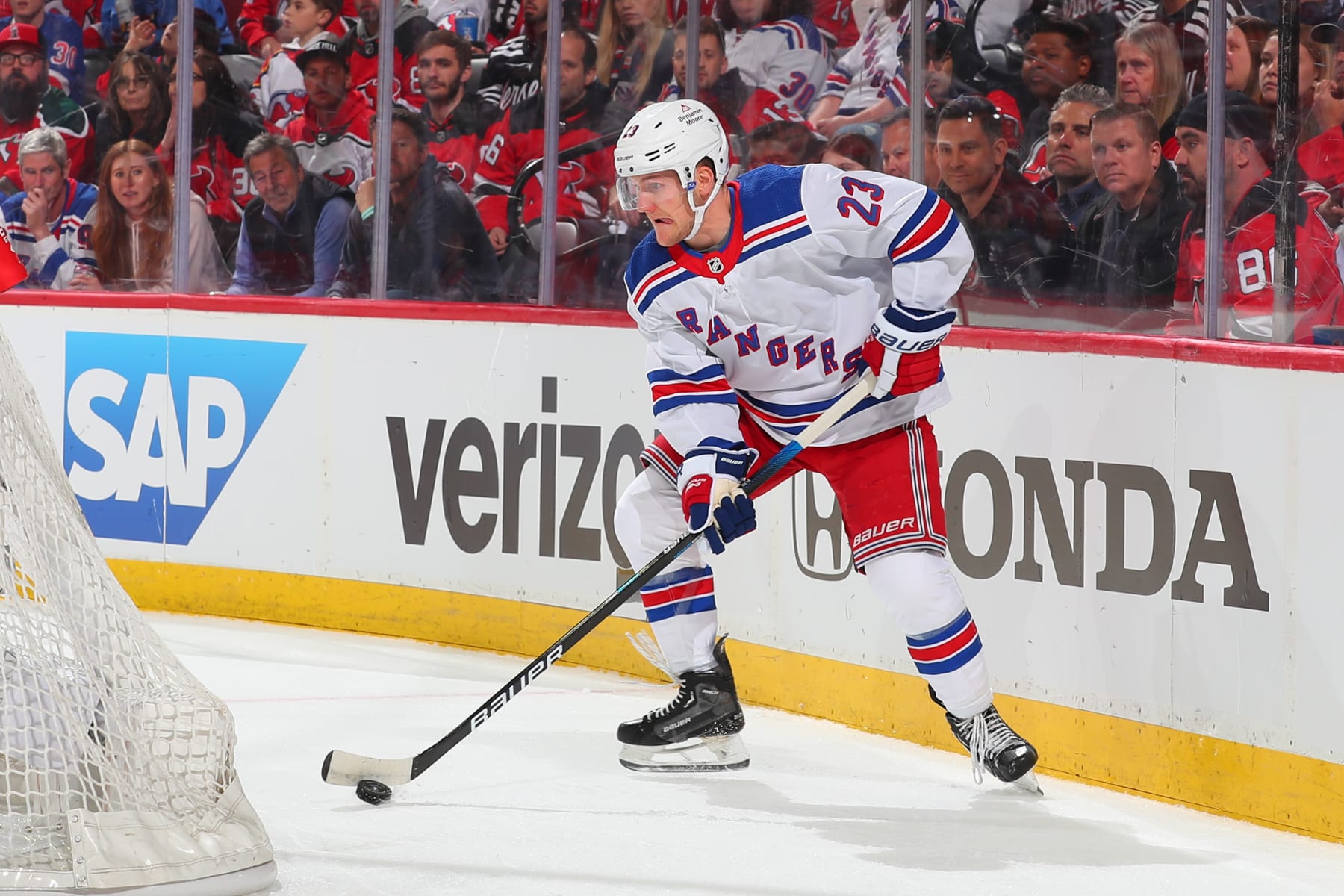 NEWARK, NEW JERSEY - APRIL 18:  Adam Fox #23 of the New York Rangers skates during Game One of the First Round of the 2023 Stanley Cup Playoffs against the New Jersey Devils at the Prudential Center on April 18, 2023 in Newark, New Jersey.  (Photo by Rich Graessle/NHLI via Getty Images)