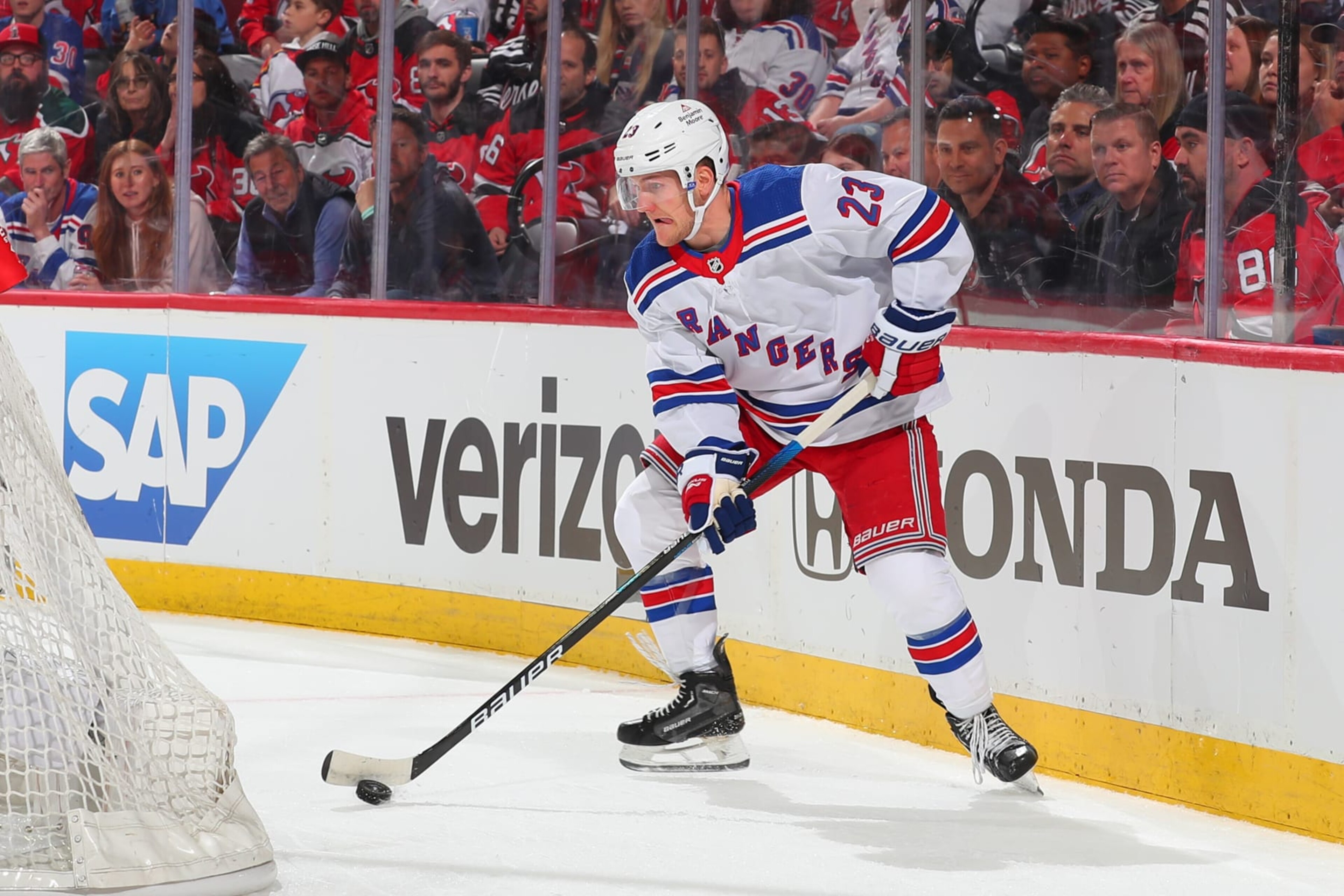 NEWARK, NEW JERSEY - APRIL 18:  Adam Fox #23 of the New York Rangers skates during Game One of the First Round of the 2023 Stanley Cup Playoffs against the New Jersey Devils at the Prudential Center on April 18, 2023 in Newark, New Jersey.  (Photo by Rich Graessle/NHLI via Getty Images)