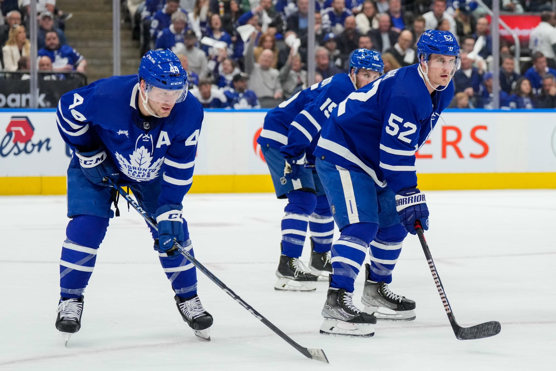 TORONTO, ON - APRIL 18: Morgan Rielly #44 of the Toronto Maple Leafs and Noel Acciari #52 set for a face-off against the Tampa Bay Lightning during the second period in Game One of the First Round of the 2023 Stanley Cup Playoffs at the Scotiabank Arena on April 18, 2023 in Toronto, Ontario, Canada. (Photo by Kevin Sousa/NHLI via Getty Images)