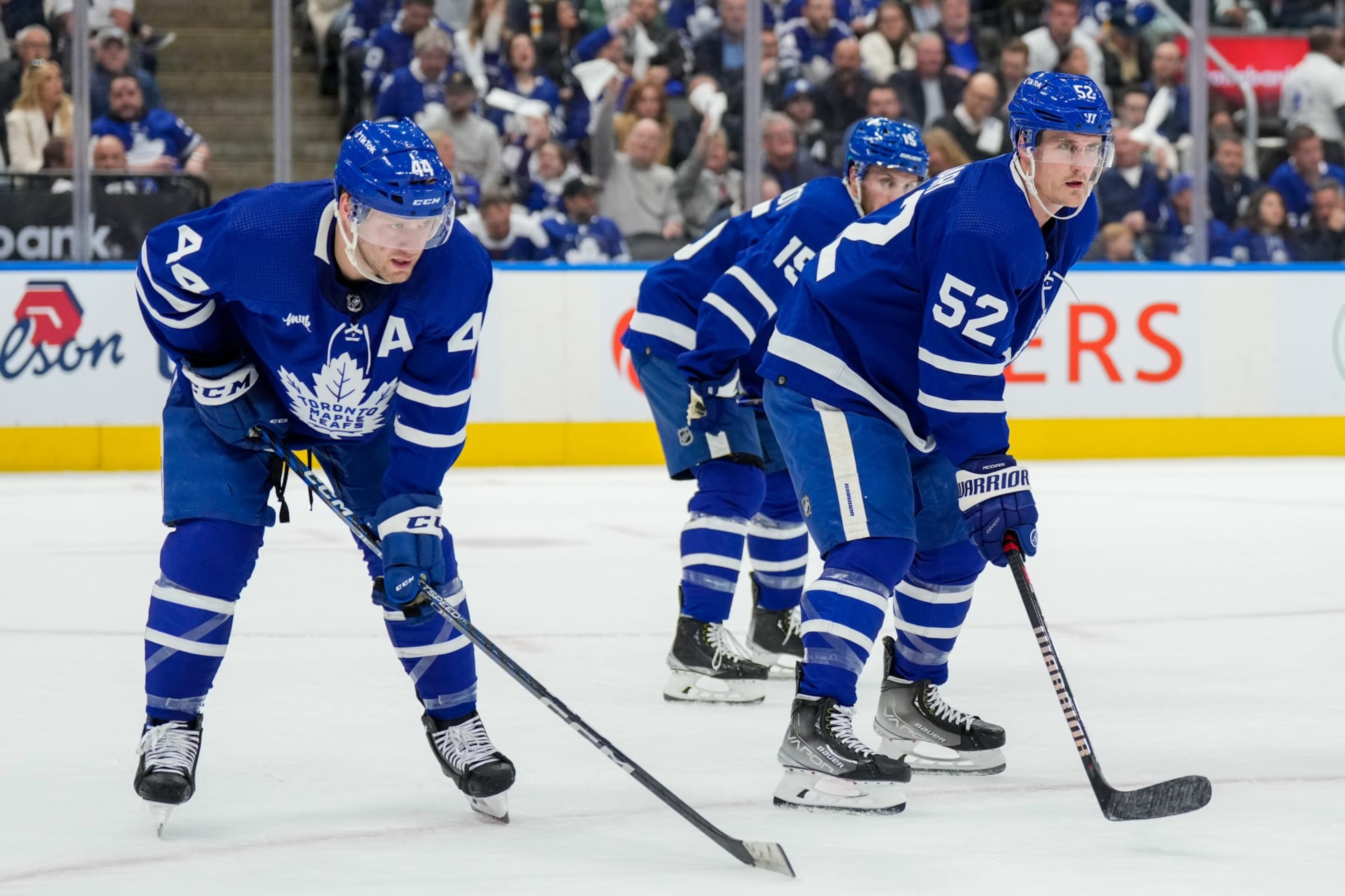 TORONTO, ON - APRIL 18: Morgan Rielly #44 of the Toronto Maple Leafs and Noel Acciari #52 set for a face-off against the Tampa Bay Lightning during the second period in Game One of the First Round of the 2023 Stanley Cup Playoffs at the Scotiabank Arena on April 18, 2023 in Toronto, Ontario, Canada. (Photo by Kevin Sousa/NHLI via Getty Images)