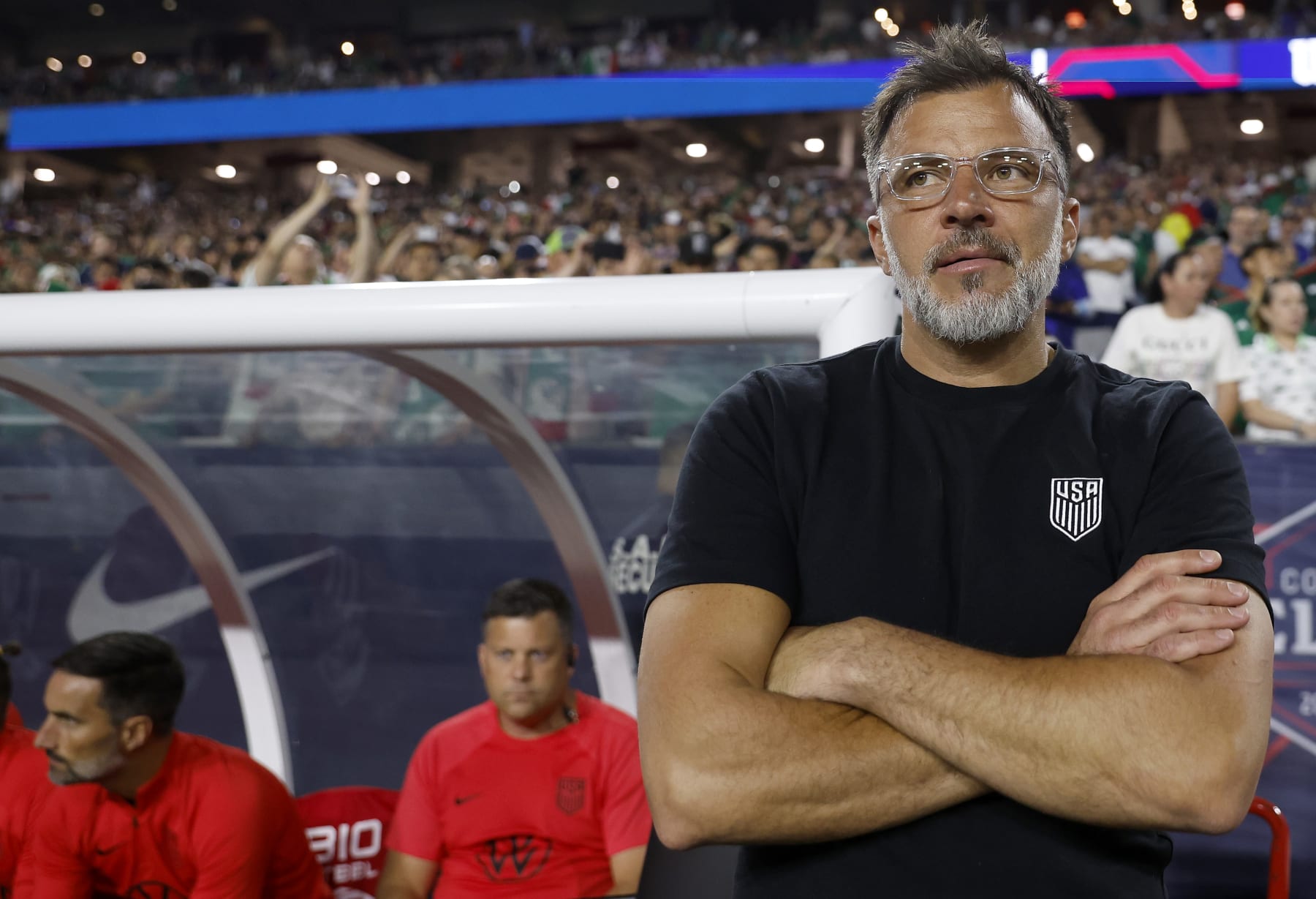GLENDALE, ARIZONA - APRIL 19: Head coach Anthony Hudson of the United States looks on against Mexico during the first half of the 2023 Continental Clasico at State Farm Stadium on April 19, 2023 in Glendale, Arizona. (Photo by Chris Coduto/Getty Images)
