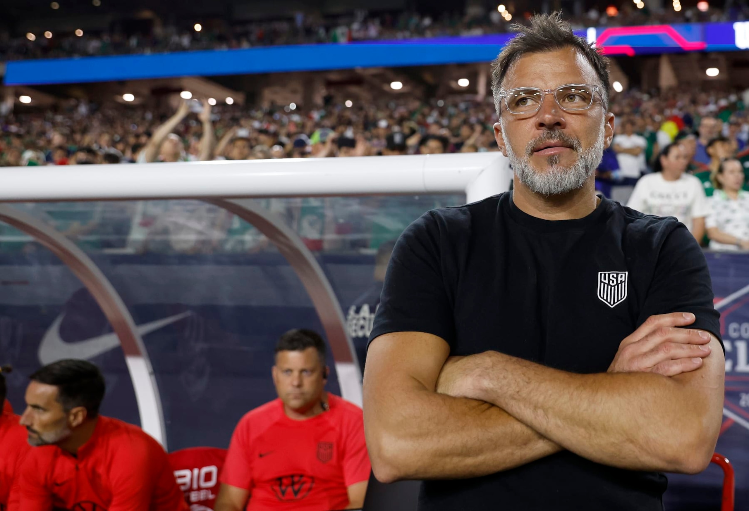 GLENDALE, ARIZONA - APRIL 19: Head coach Anthony Hudson of the United States looks on against Mexico during the first half of the 2023 Continental Clasico at State Farm Stadium on April 19, 2023 in Glendale, Arizona. (Photo by Chris Coduto/Getty Images)
