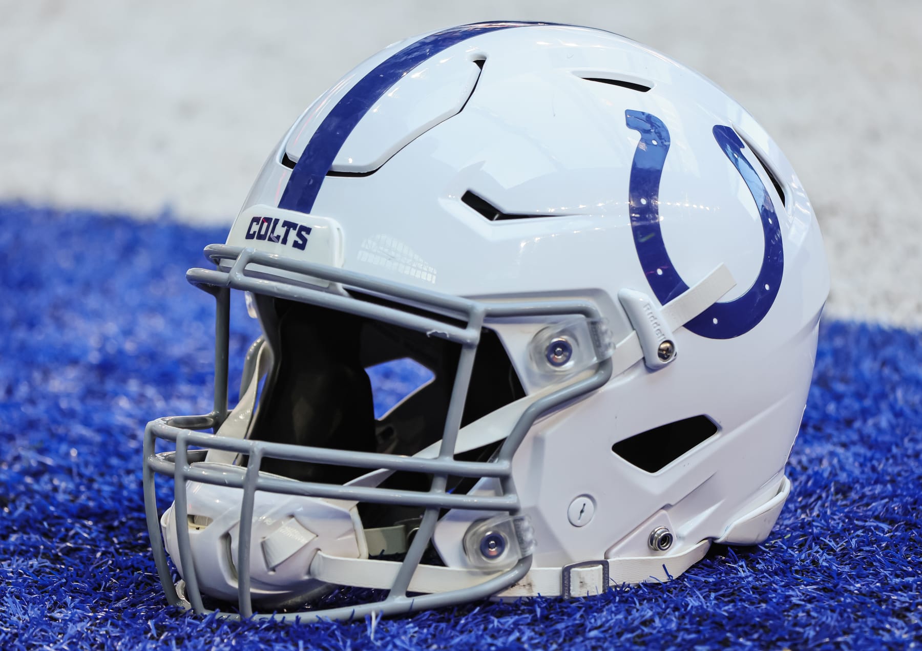 INDIANAPOLIS, IN - OCTOBER 16: A detail view of an Indianapolis Colts helmet seen before the game against the Jacksonville Jaguars at Lucas Oil Stadium on October 16, 2022 in Indianapolis, Indiana. (Photo by Michael Hickey/Getty Images)