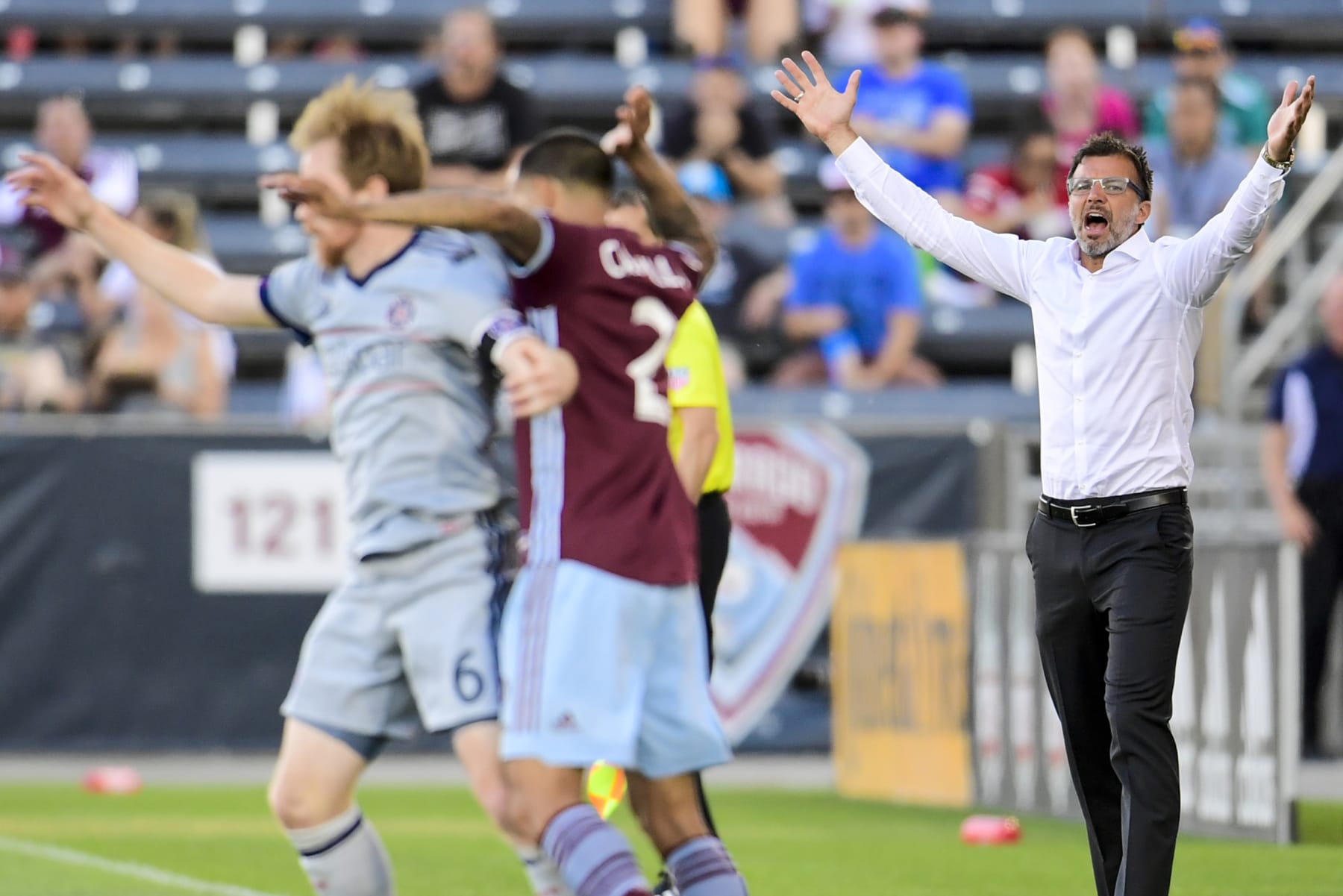 COMMERCE CITY, CO - JUNE 13: Head coach Anthony Hudson of the Colorado Rapids calls for a foul against the Chicago Fire at Dick's Sporting Goods Park on June 13, 2018 in Commerce City, Colorado. (Photo by Timothy Nwachukwu/Getty Images)