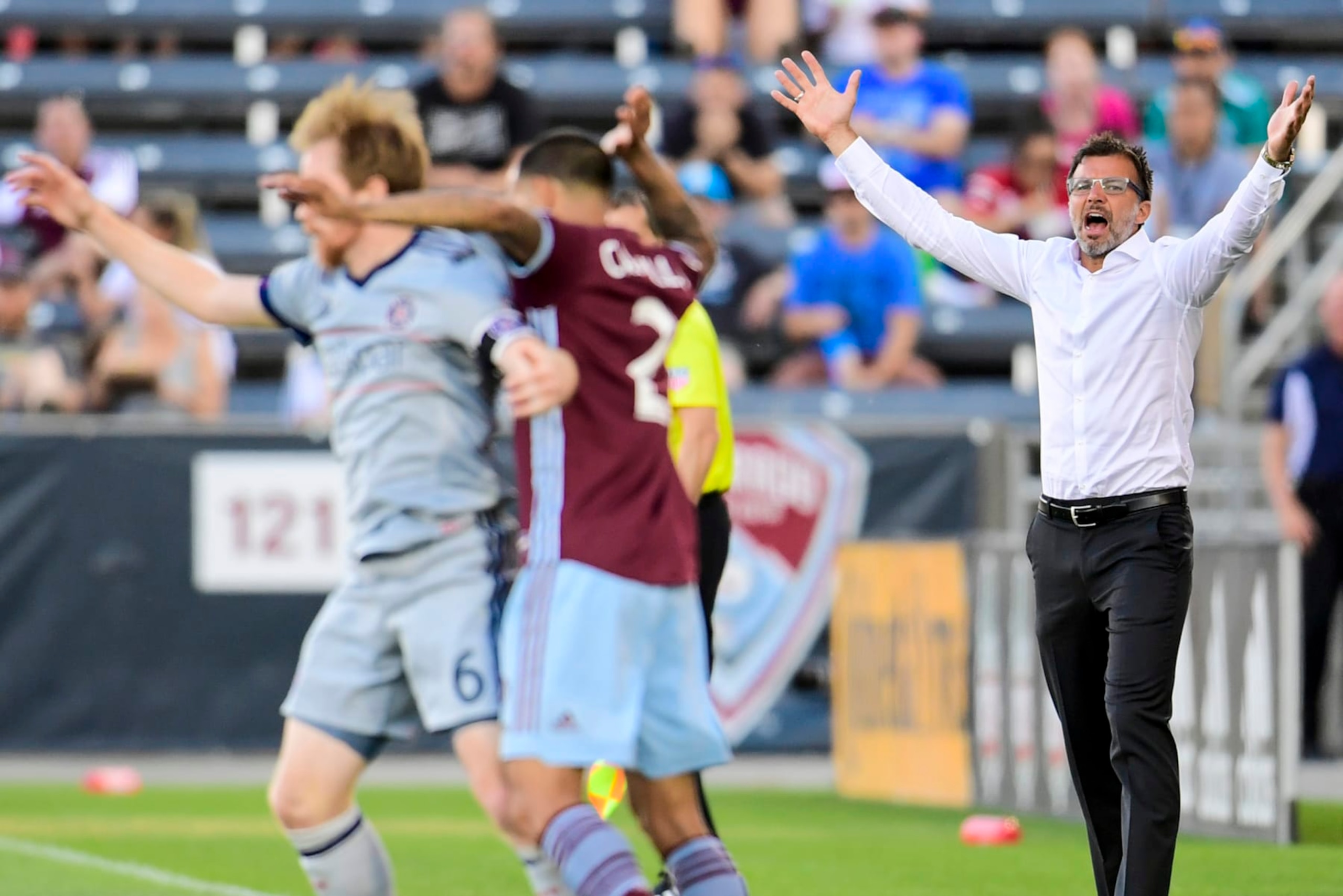 COMMERCE CITY, CO - JUNE 13: Head coach Anthony Hudson of the Colorado Rapids calls for a foul against the Chicago Fire at Dick's Sporting Goods Park on June 13, 2018 in Commerce City, Colorado. (Photo by Timothy Nwachukwu/Getty Images)