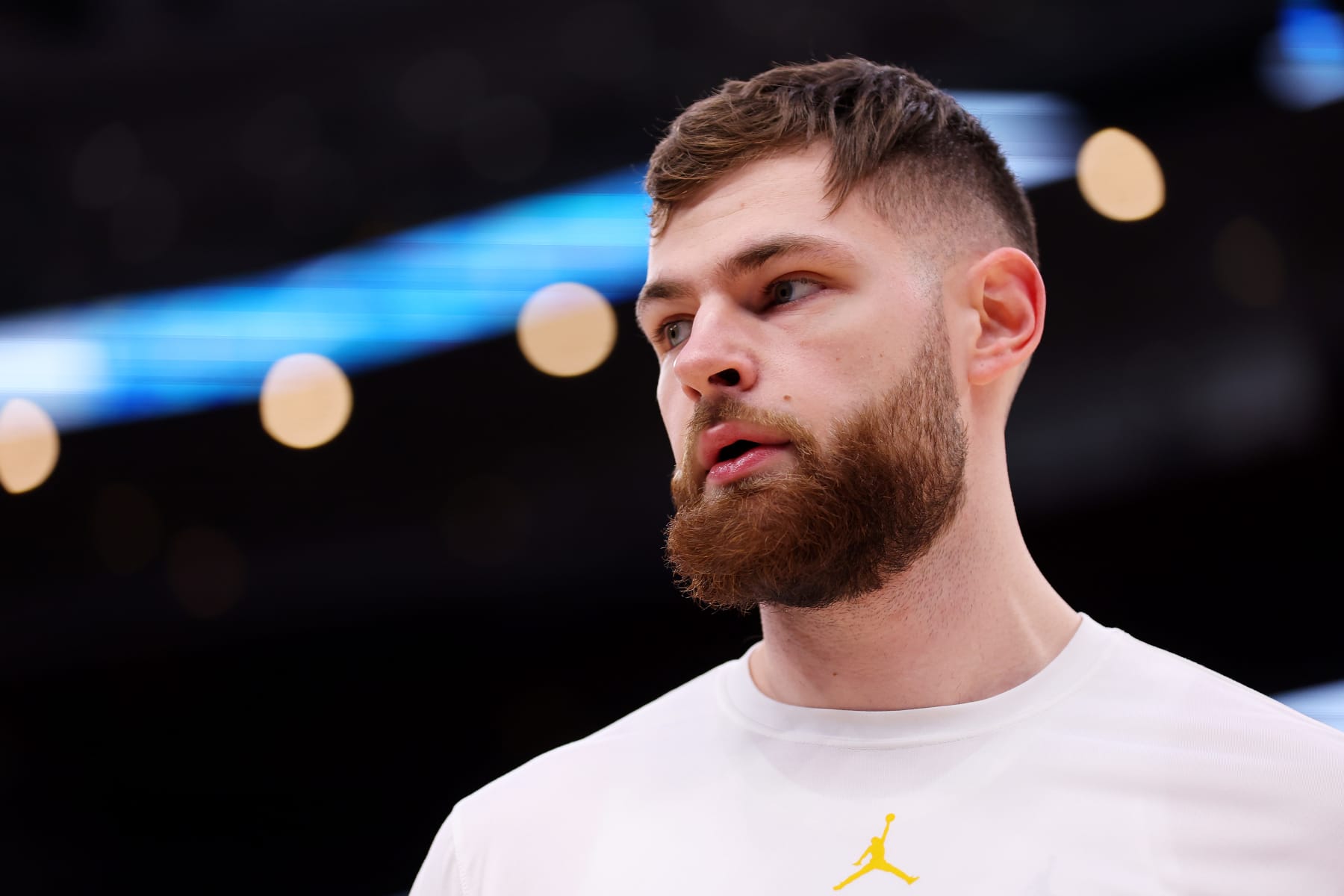 CHICAGO, ILLINOIS - MARCH 09: Hunter Dickinson #1 of the Michigan Wolverines looks on prior to second round of the Big Ten Tournament against the Rutgers Scarlet Knights at United Center on March 09, 2023 in Chicago, Illinois. (Photo by Michael Reaves/Getty Images)