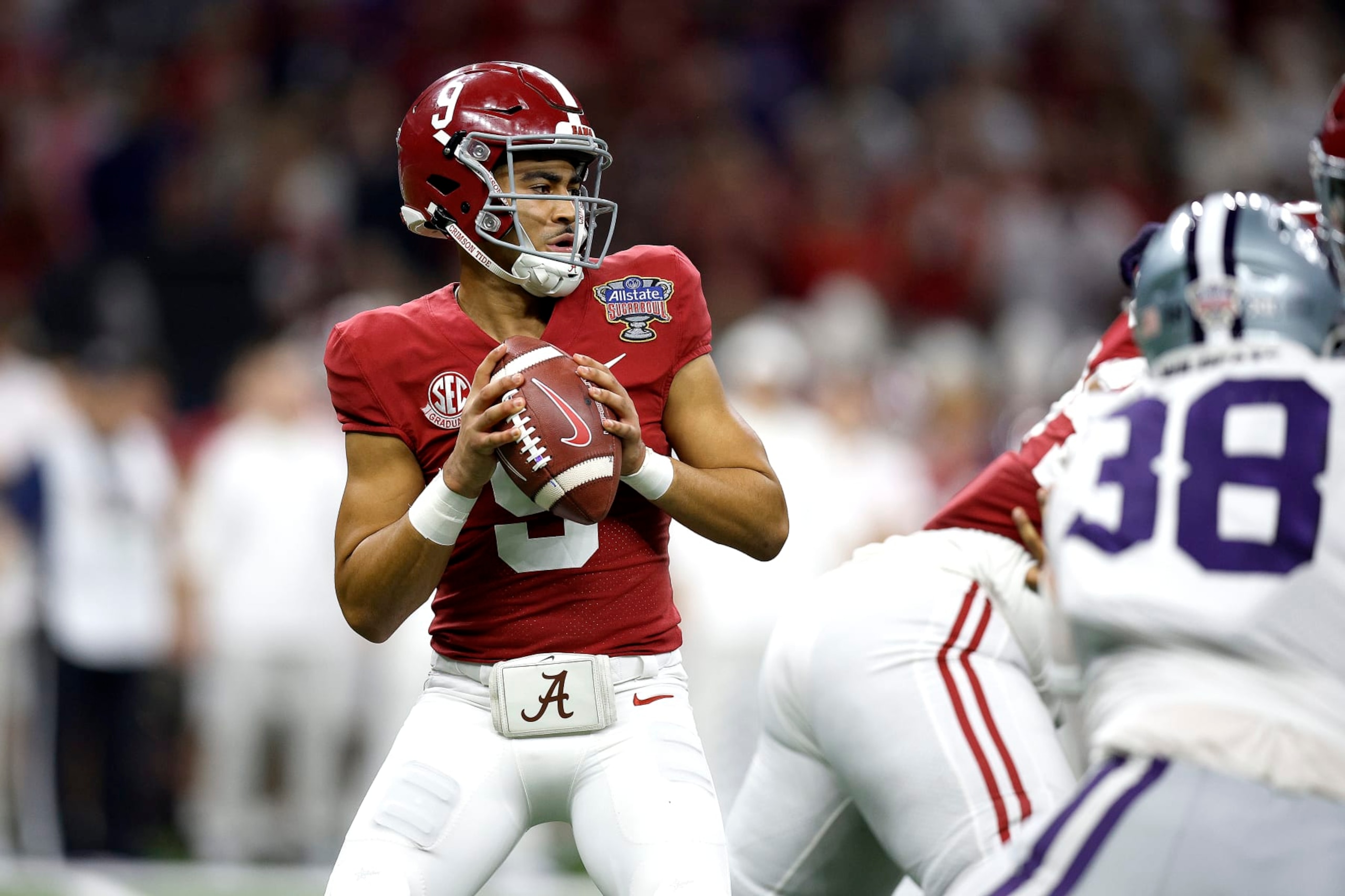 NEW ORLEANS, LOUISIANA - DECEMBER 31: Bryce Young #9 of the Alabama Crimson Tide looks to pass during the second quarter of the Allstate Sugar Bowl against the Kansas State Wildcats at Caesars Superdome on December 31, 2022 in New Orleans, Louisiana. (Photo by Sean Gardner/Getty Images)