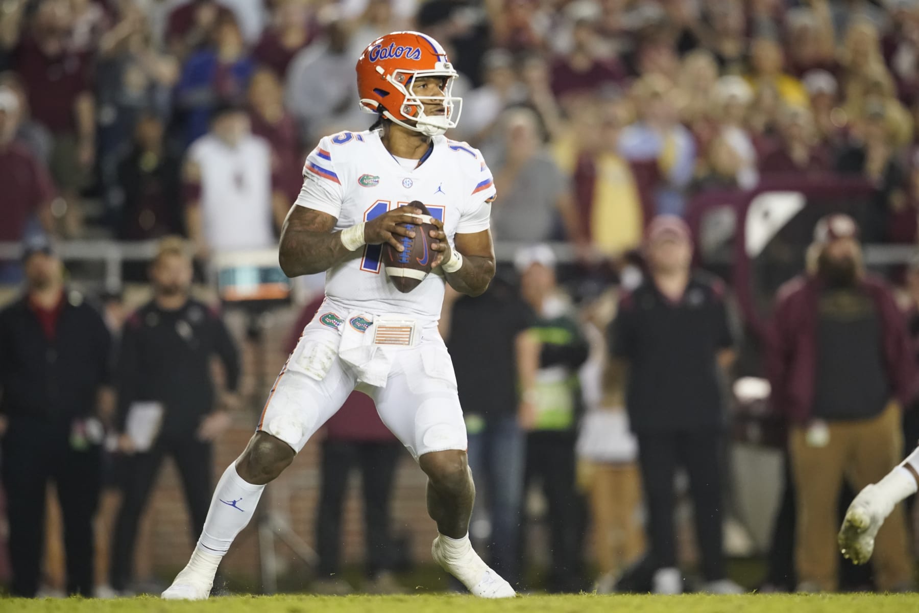 TALLAHASSEE, FL - NOVEMBER 25:Florida Gators quarterback Anthony Richardson (15) drops back to pass during a college football game against the Florida State Seminoles on Nov 25, 2022 at Doak Campbell Stadium in Tallahassee, FL. (Photo by Chris Leduc/Icon Sportswire via Getty Images)