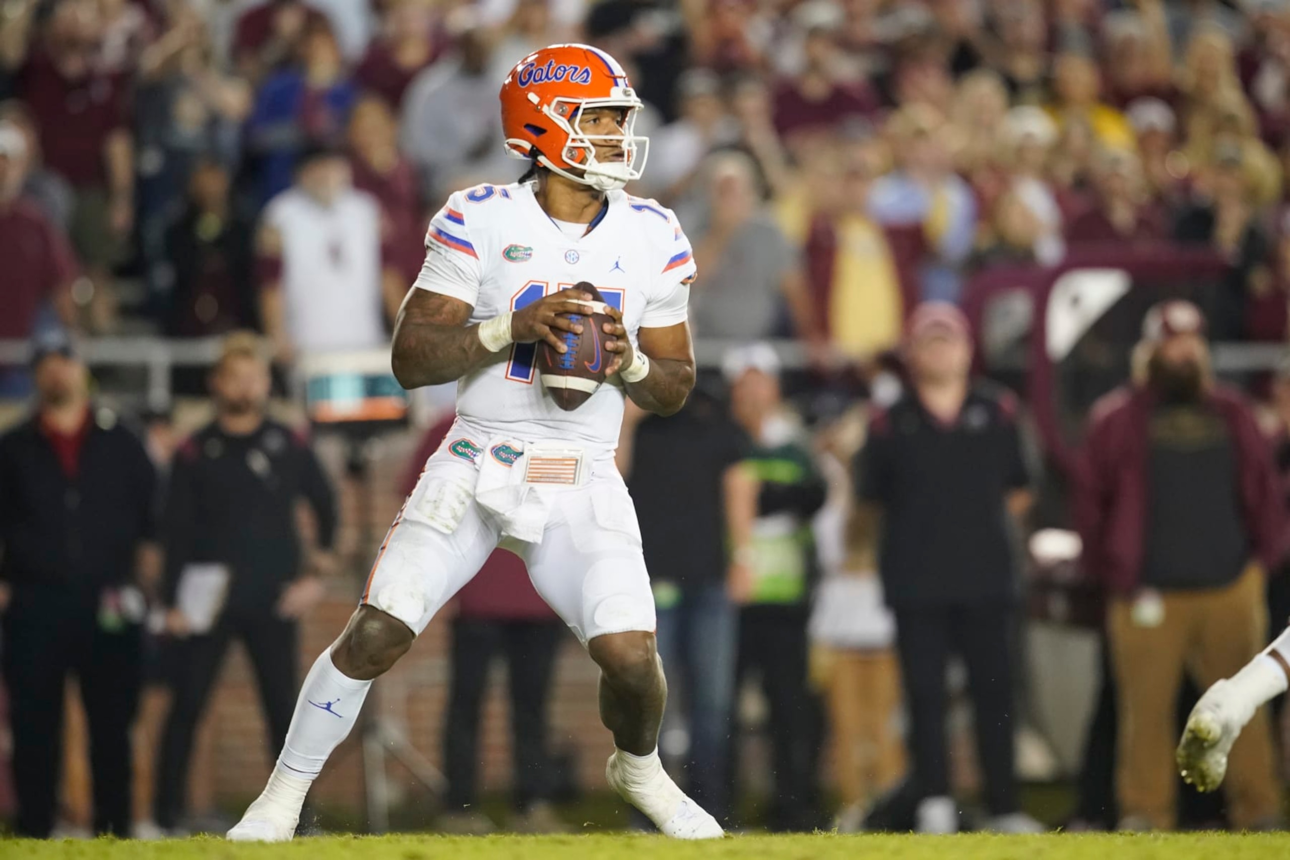 TALLAHASSEE, FL - NOVEMBER 25:Florida Gators quarterback Anthony Richardson (15) drops back to pass during a college football game against the Florida State Seminoles on Nov 25, 2022 at Doak Campbell Stadium in Tallahassee, FL. (Photo by Chris Leduc/Icon Sportswire via Getty Images)