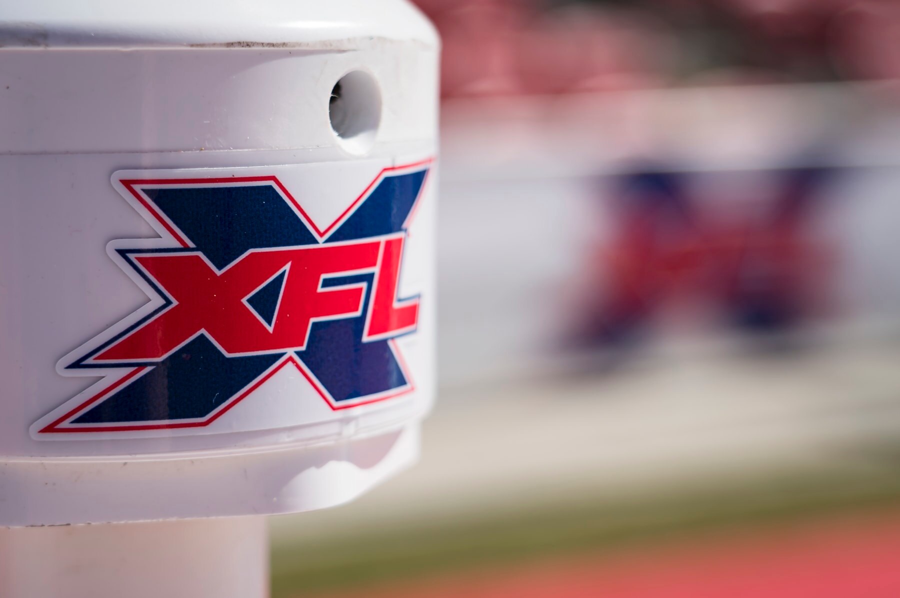 WASHINGTON, DC - MARCH 08: A view of the XFL logo on the sidelines before the XFL game between the DC Defenders and the St. Louis Battlehawks at Audi Field on March 8, 2020 in Washington, DC. (Photo by Scott Taetsch/Getty Images)