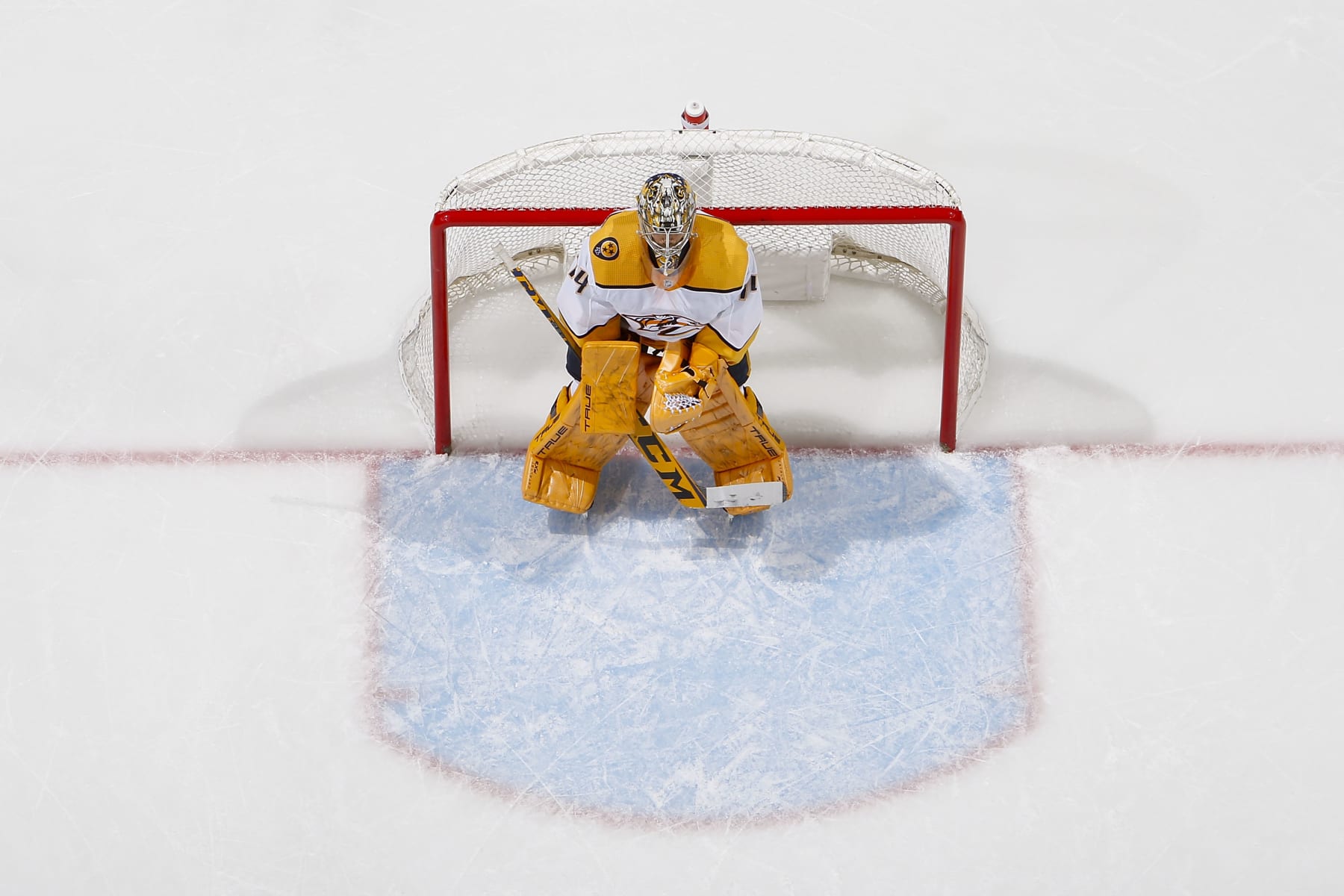 CALGARY, AB - APRIL 10: Juuse Saros #74 of the Nashville Predators in net against the Calgary Flames at Scotiabank Saddledome on April 10, 2023 in Calgary, Alberta, Canada. (Photo by Gerry Thomas/NHLI via Getty Images)