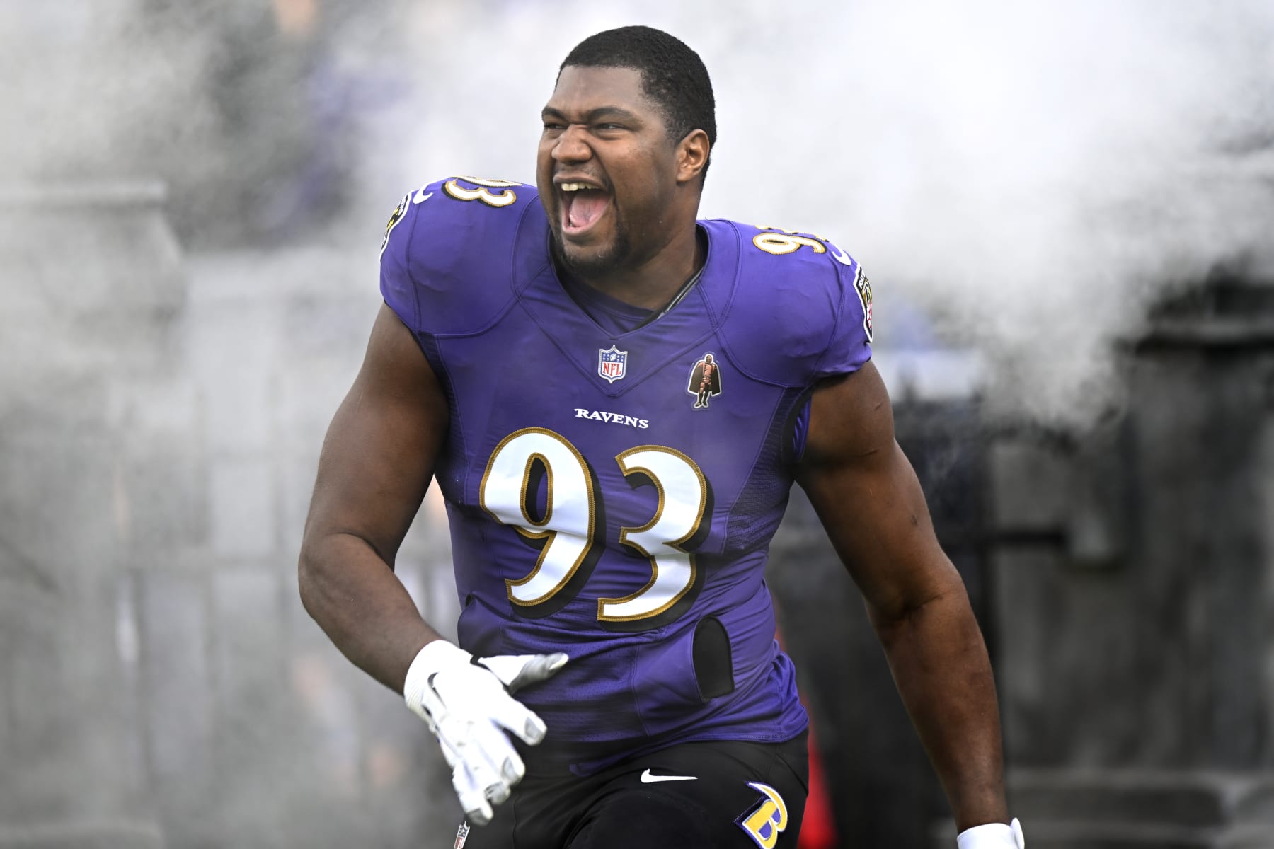 BALTIMORE, MARYLAND - DECEMBER 04: Calais Campbell #93 of the Baltimore Ravens takes the field prior to a game against the Denver Broncos at M&T Bank Stadium on December 04, 2022 in Baltimore, Maryland. (Photo by Greg Fiume/Getty Images)