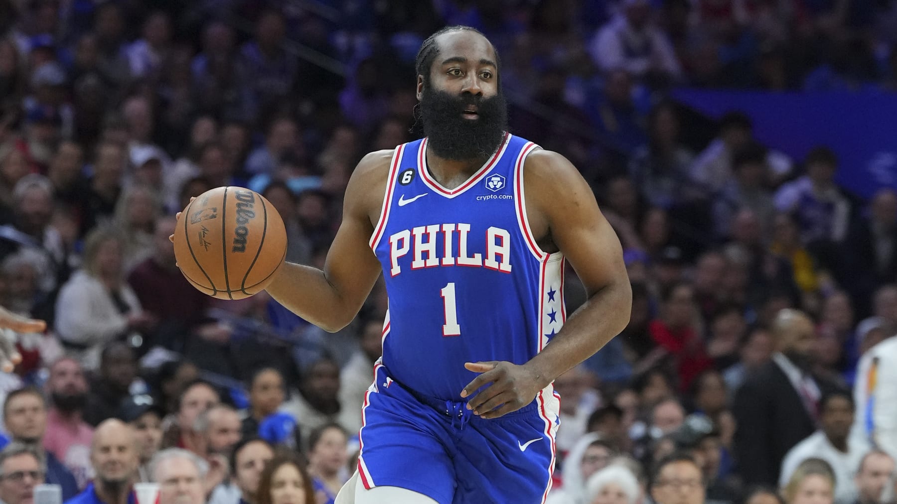 PHILADELPHIA, PA - APRIL 17: James Harden #1 of the Philadelphia 76ers dribbles the ball against the Brooklyn Nets during Game Two of the Eastern Conference First Round Playoffs at the Wells Fargo Center on April 17, 2023 in Philadelphia, Pennsylvania. NOTE TO USER: User expressly acknowledges and agrees that, by downloading and or using this photograph, User is consenting to the terms and conditions of the Getty Images License Agreement. (Photo by Mitchell Leff/Getty Images)