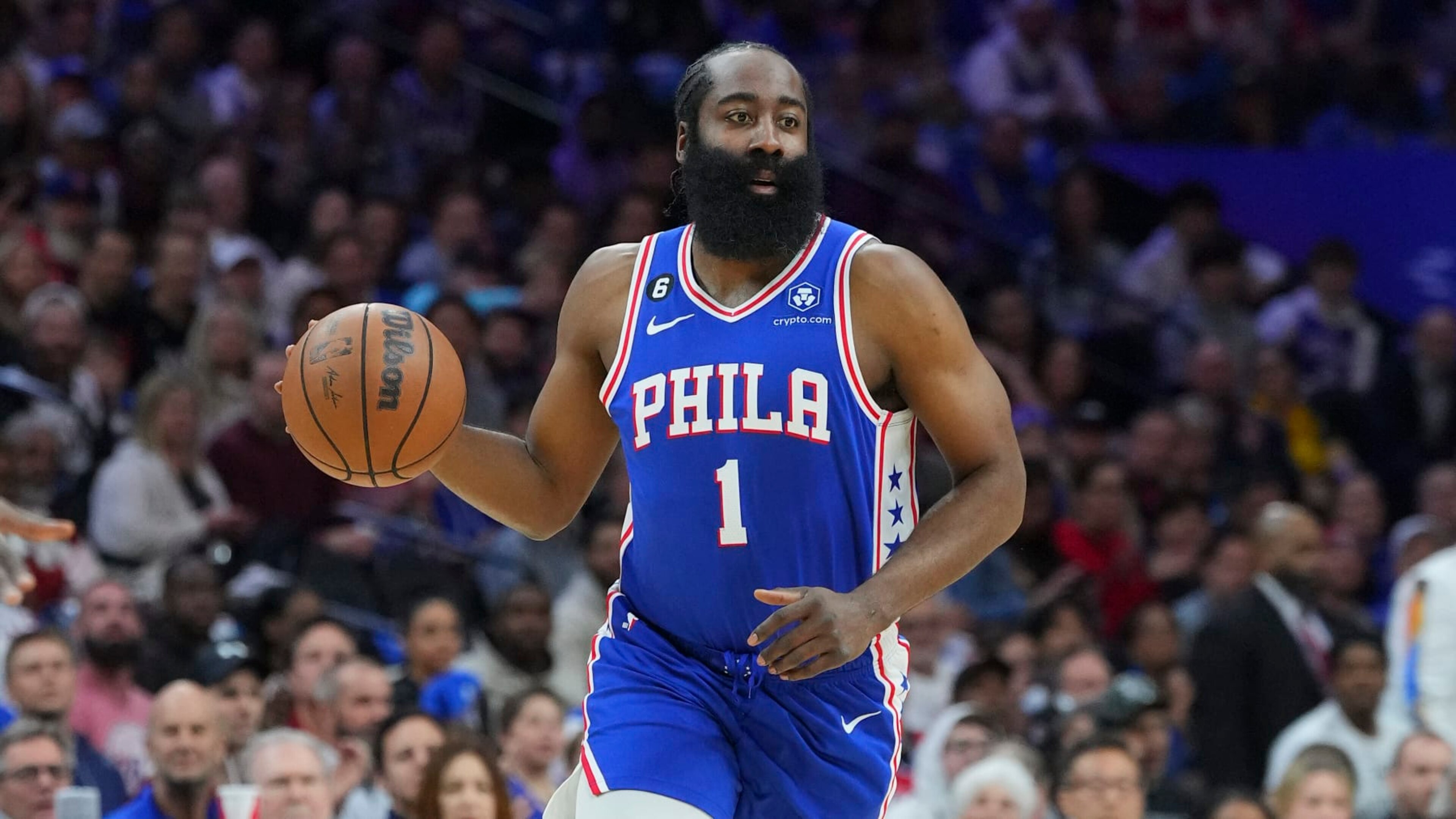 PHILADELPHIA, PA - APRIL 17: James Harden #1 of the Philadelphia 76ers dribbles the ball against the Brooklyn Nets during Game Two of the Eastern Conference First Round Playoffs at the Wells Fargo Center on April 17, 2023 in Philadelphia, Pennsylvania. NOTE TO USER: User expressly acknowledges and agrees that, by downloading and or using this photograph, User is consenting to the terms and conditions of the Getty Images License Agreement. (Photo by Mitchell Leff/Getty Images) PHILADELPHIA, PA - APRIL 17: James Harden #1 of the Philadelphia 76ers dribbles the ball against the Brooklyn Nets during Game Two of the Eastern Conference First Round Playoffs at the Wells Fargo Center on April 17, 2023 in Philadelphia, Pennsylvania. NOTE TO USER: User expressly acknowledges and agrees that, by downloading and or using this photograph, User is consenting to the terms and conditions of the Getty Images License Agreement. (Photo by Mitchell Leff/Getty Images)