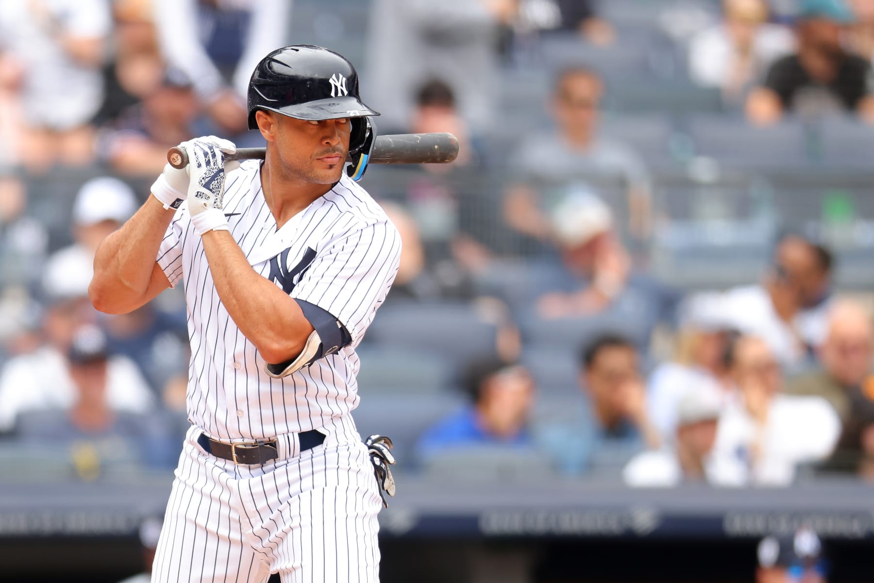 BRONX, NEW YORK - APRIL 15: Giancarlo Stanton #27 of the New York Yankees in action against the Minnesota Twins at Yankee Stadium on April 15, 2023 in Bronx, New York. All players are wearing the number 42 in honor of Jackie Robinson Day. New York Yankees defeated the Minnesota Twins 6-1. (Photo by Mike Stobe/Getty Images)