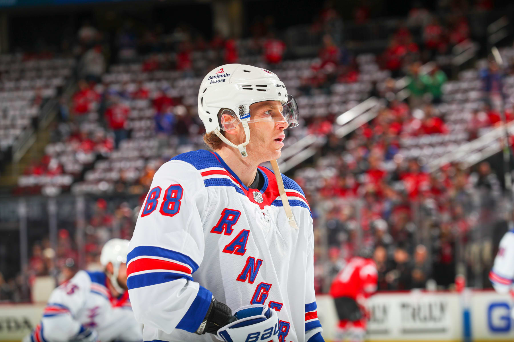 NEWARK, NJ - APRIL 18: Patrick Kane #88 of the New York Rangers warms up prior to Game One of the First Round of the 2023 Stanley Cup Playoffs at the Prudential Center on April 18, 2023 in Newark, New Jersey.  (Photo by Rich Graessle/NHLI via Getty Images)