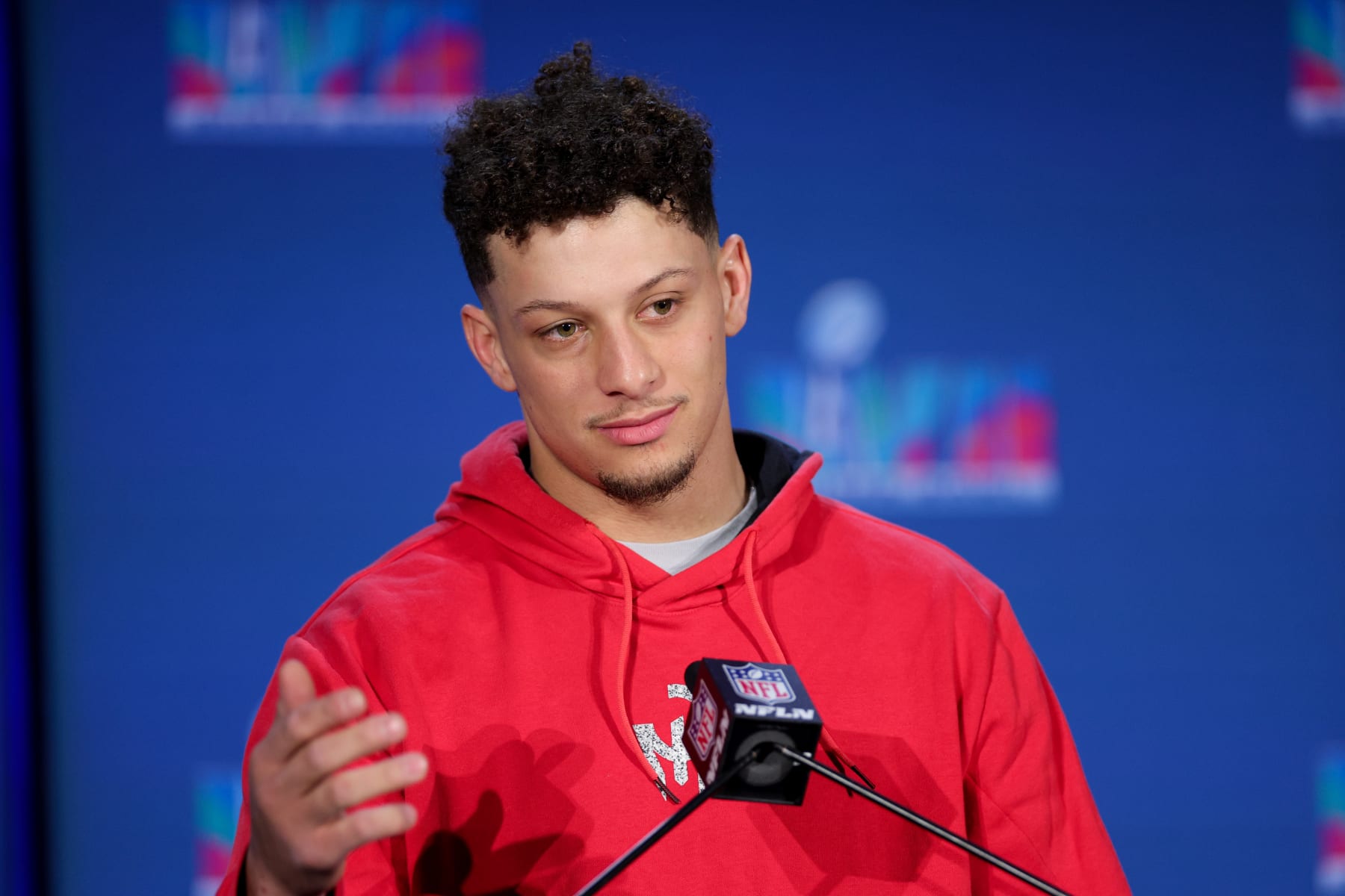 PHOENIX, ARIZONA - FEBRUARY 13: Kansas City Chiefs MVP Quarterback Patrick Mahomes speaks during a press conference at Phoenix Convention Center on February 13, 2023 in Phoenix, Arizona. (Photo by Carmen Mandato/Getty Images)