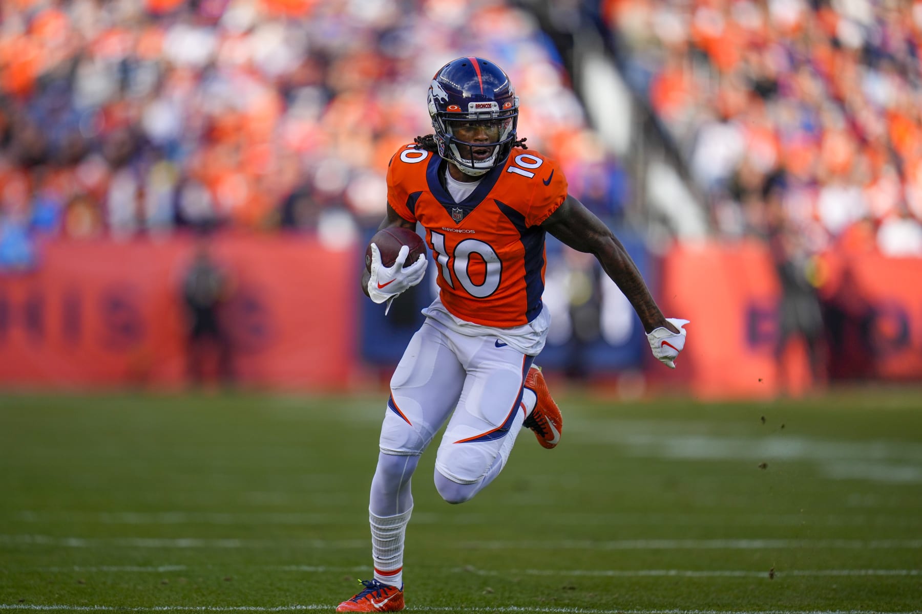 Denver Broncos wide receiver Jerry Jeudy (10) runs against the Los Angeles Chargers during an NFL football game, Sunday, Jan. 8, 2023, in Denver. (AP Photo/Jack Dempsey)