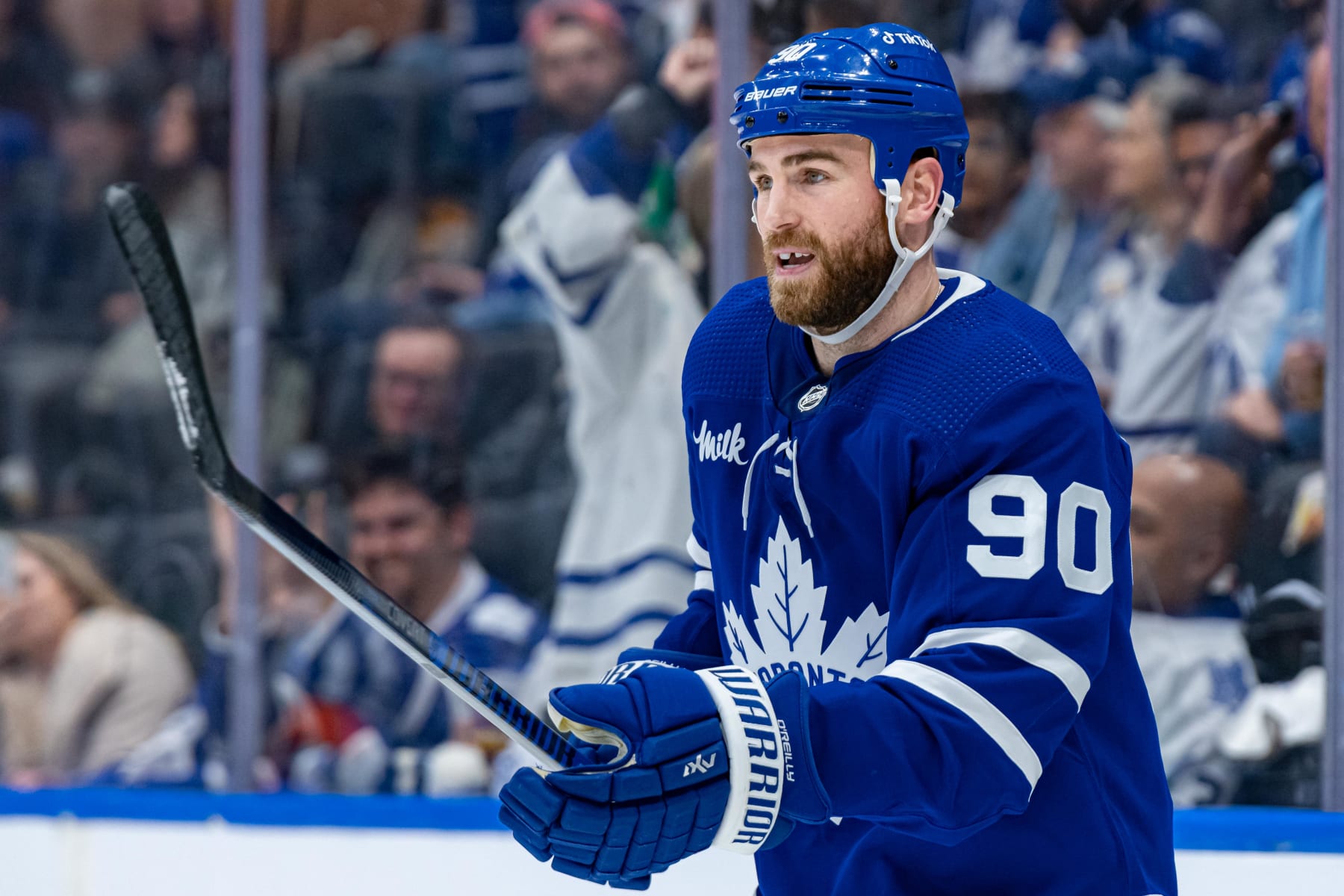 TORONTO, ON - APRIL 18: Toronto Maple Leafs Center Ryan O'Reilly (90) reacts during the Round 1 NHL Stanley Cup Playoffs Game 1 between the Tampa Bay Lightning and the Toronto Maple Leafs on April 18, 2023, at Scotiabank Arena in Toronto, ON, Canada. (Photo by Julian Avram/Icon Sportswire via Getty Images)