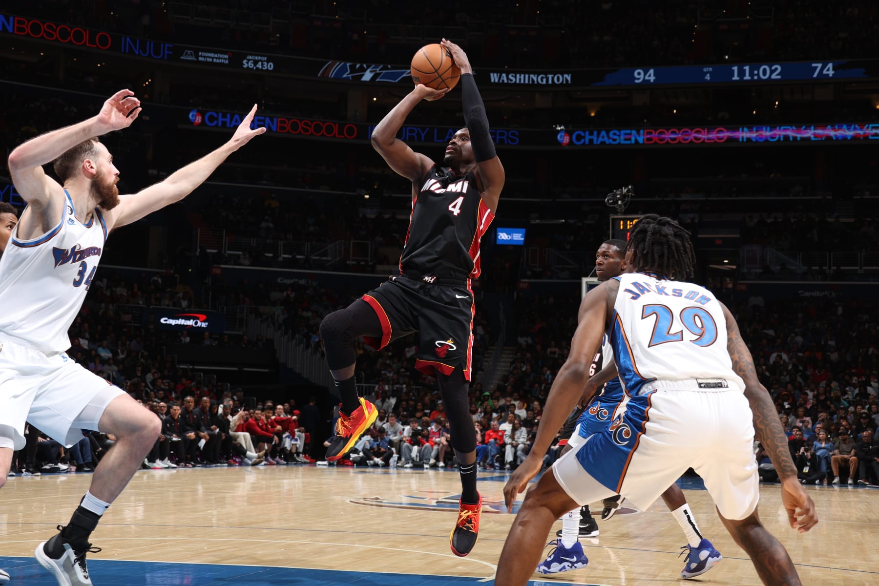 WASHINGTON, DC -  APRIL 7: Victor Oladipo #4 of the Miami Heat shoots the ball during the game against the Washington Wizards on April 7, 2023 at Capital One Arena in Washington, DC. NOTE TO USER: User expressly acknowledges and agrees that, by downloading and or using this Photograph, user is consenting to the terms and conditions of the Getty Images License Agreement. Mandatory Copyright Notice: Copyright 2023 NBAE (Photo by Stephen Gosling/NBAE via Getty Images)