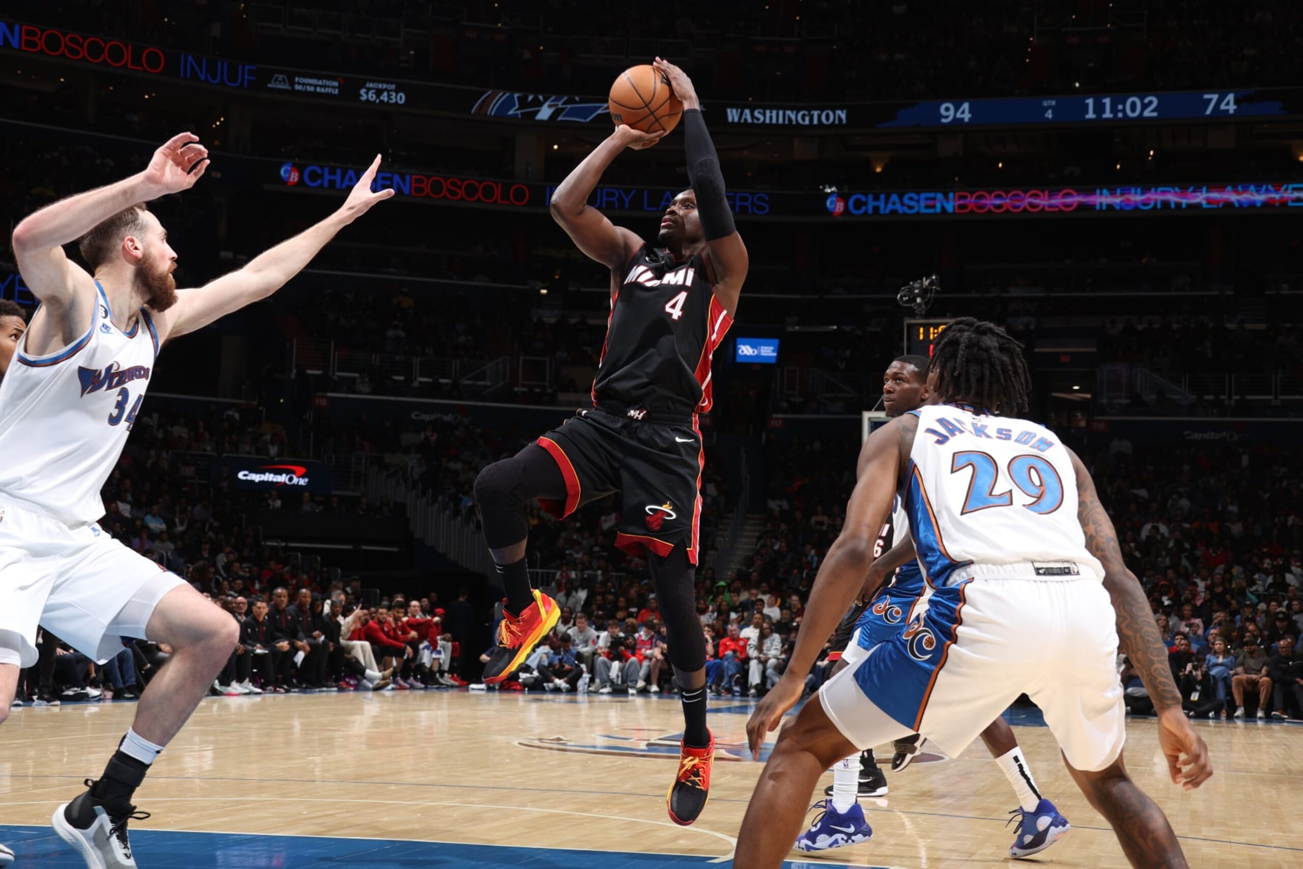 WASHINGTON, DC -  APRIL 7: Victor Oladipo #4 of the Miami Heat shoots the ball during the game against the Washington Wizards on April 7, 2023 at Capital One Arena in Washington, DC. NOTE TO USER: User expressly acknowledges and agrees that, by downloading and or using this Photograph, user is consenting to the terms and conditions of the Getty Images License Agreement. Mandatory Copyright Notice: Copyright 2023 NBAE (Photo by Stephen Gosling/NBAE via Getty Images)