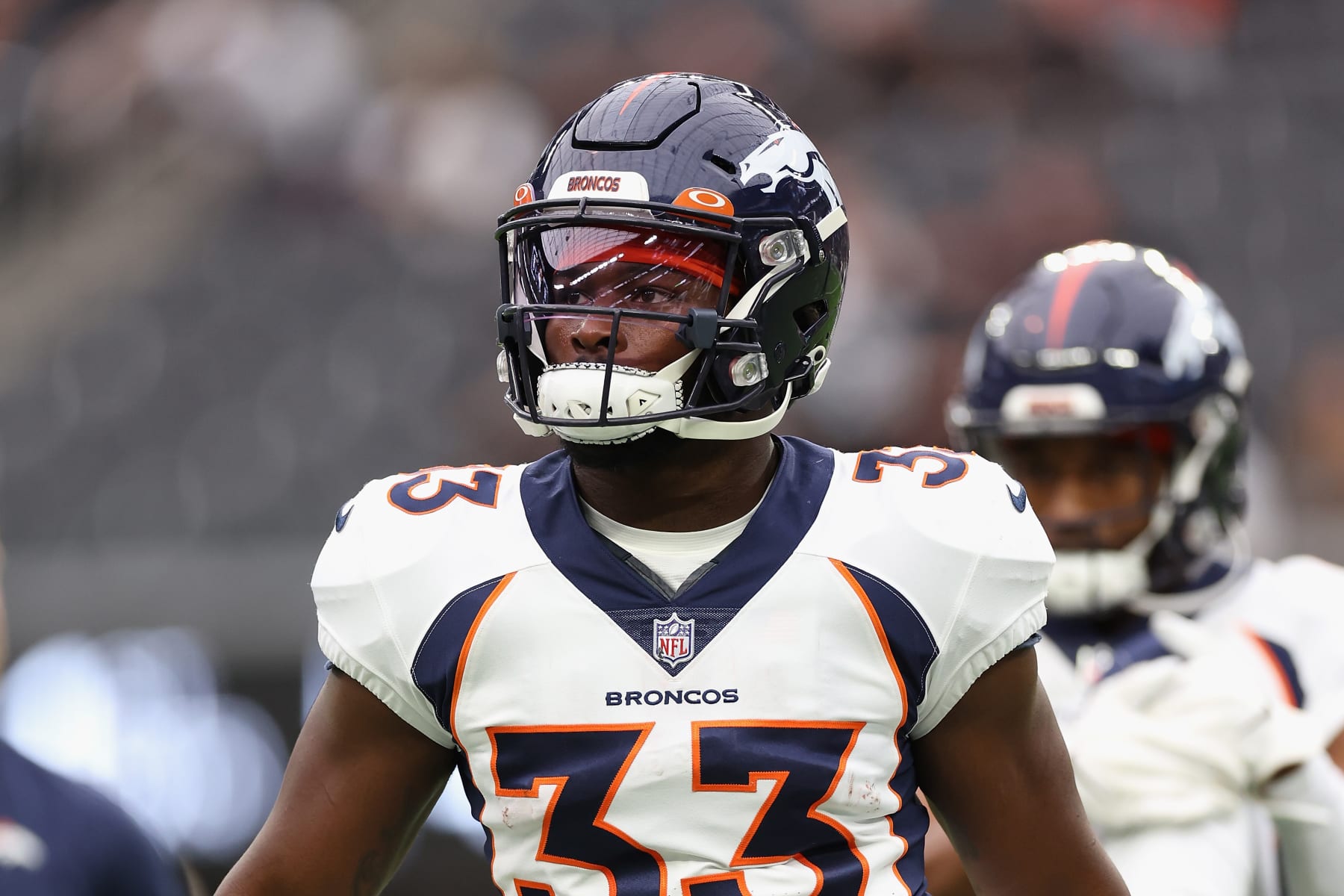 LAS VEGAS, NEVADA - OCTOBER 02: Running back Javonte Williams #33 of the Denver Broncos warms up before the NFL game at Allegiant Stadium on October 02, 2022 in Las Vegas, Nevada. The Raiders defeated the Broncos 32-23. (Photo by Christian Petersen/Getty Images)