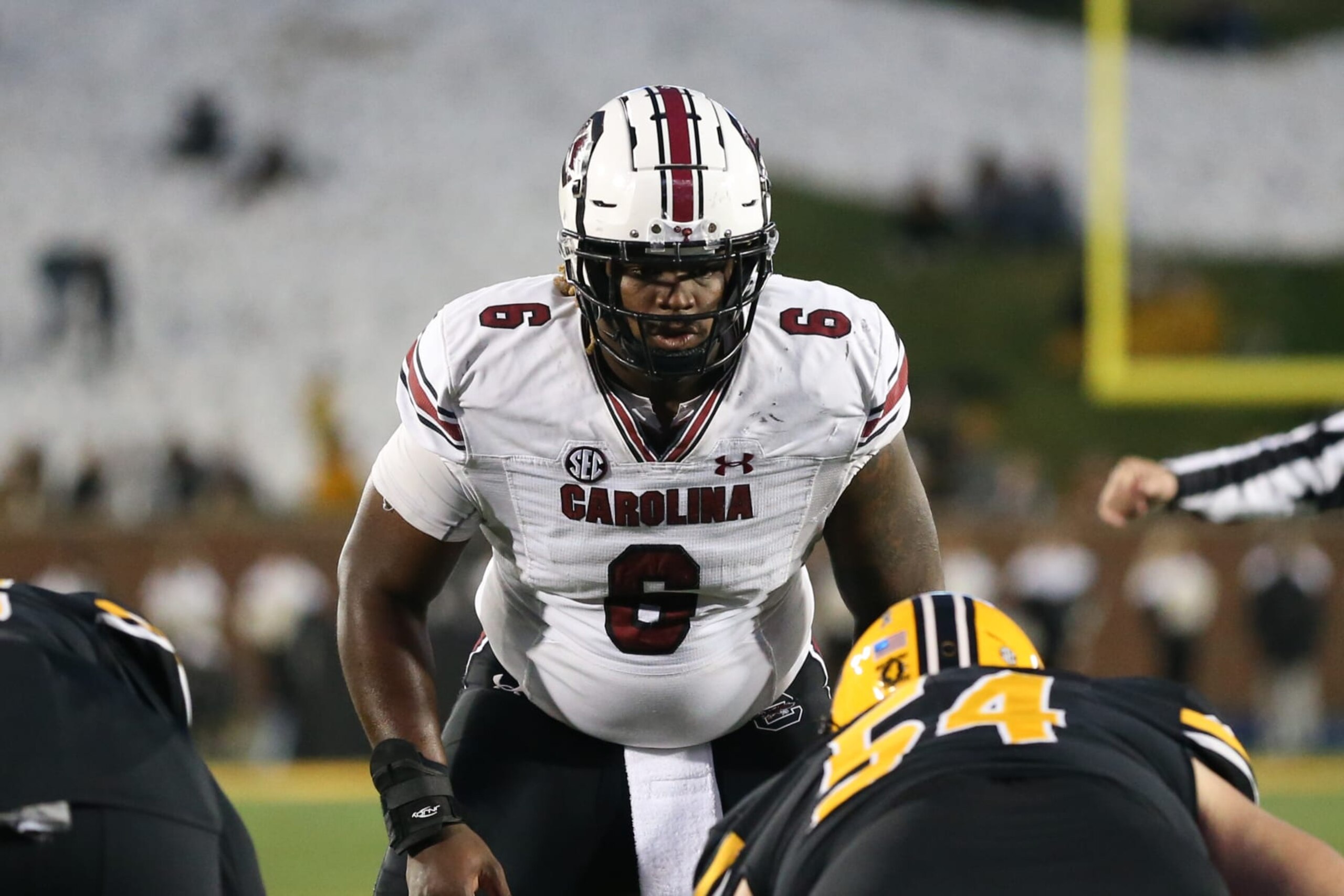 COLUMBIA, MO - NOVEMBER 13: South Carolina Gamecocks defensive lineman Zacch Pickens (6) before the snap in the third quarter of an SEC football game between the South Carolina Gamecocks and Missouri Tigers on Nov 13, 2021 at Memorial Stadium in Columbia, MO. (Photo by Scott Winters/Icon Sportswire via Getty Images) COLUMBIA, MO - NOVEMBER 13: South Carolina Gamecocks defensive lineman Zacch Pickens (6) before the snap in the third quarter of an SEC football game between the South Carolina Gamecocks and Missouri Tigers on Nov 13, 2021 at Memorial Stadium in Columbia, MO. (Photo by Scott Winters/Icon Sportswire via Getty Images)