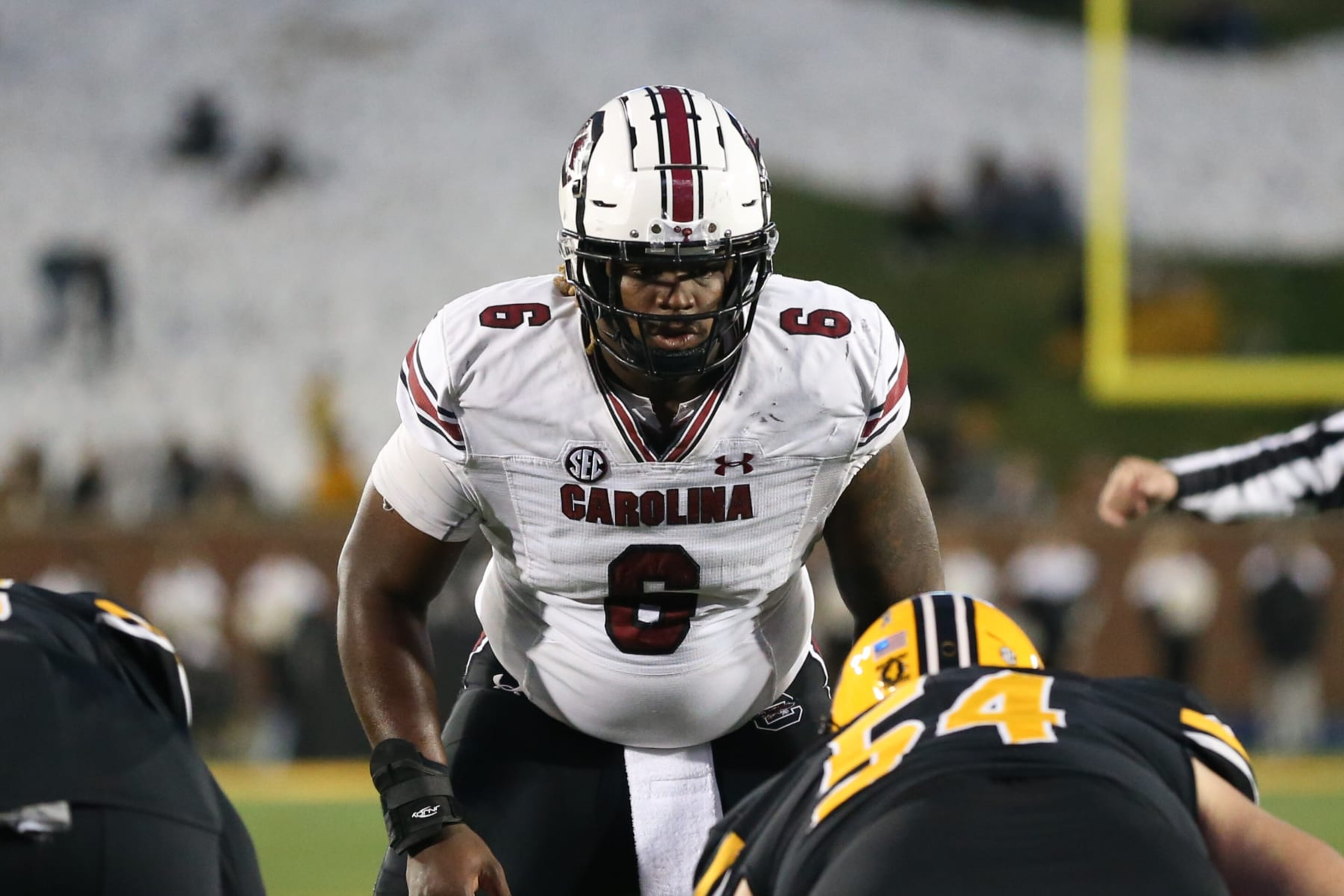 COLUMBIA, MO - NOVEMBER 13: South Carolina Gamecocks defensive lineman Zacch Pickens (6) before the snap in the third quarter of an SEC football game between the South Carolina Gamecocks and Missouri Tigers on Nov 13, 2021 at Memorial Stadium in Columbia, MO.  (Photo by Scott Winters/Icon Sportswire via Getty Images)
