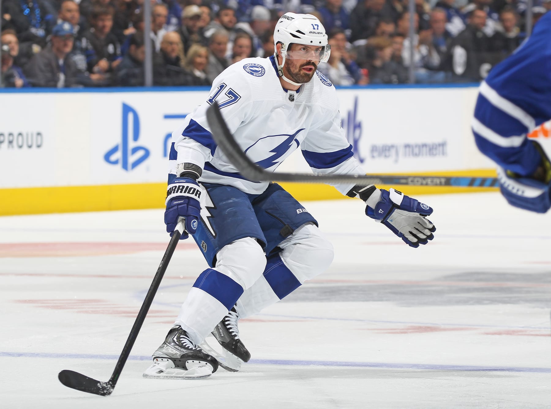 TORONTO, CANADA - APRIL 18:  Alex Killorn #17 of the Tampa Bay Lightning skates against the Toronto Maple Leafs during Game One of the First Round of the 2023 Stanley Cup Playoffs at Scotiabank Arena on April 18, 2023 in Toronto, Ontario, Canada. The Lightning defeated the Maple Leafs 7-3. (Photo by Claus Andersen/Getty Images)