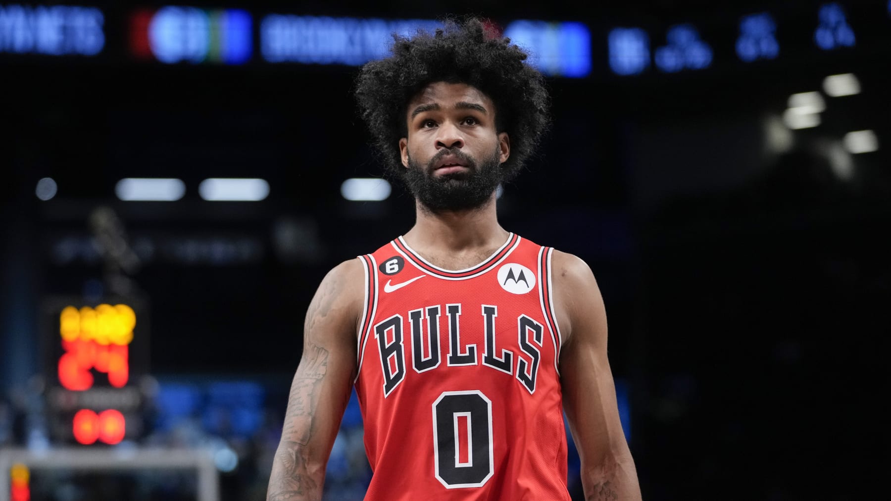 Chicago Bulls guard Coby White during the first half of an NBA basketball game against the Brooklyn Nets, Thursday, Feb. 9, 2023, in New York. (AP Photo/Mary Altaffer)