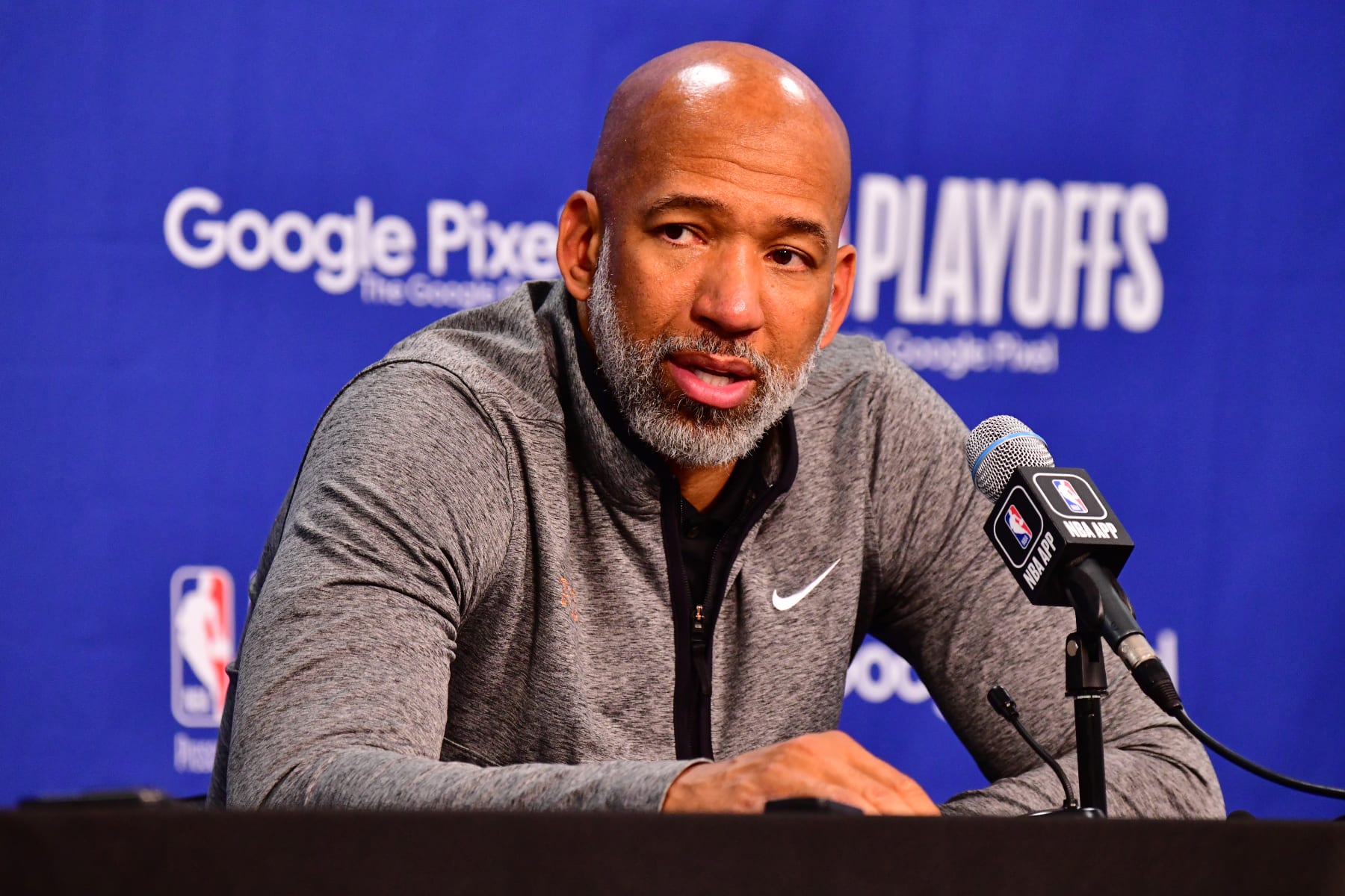 PHOENIX, AZ - APRIL 18: Head Coach Monty Williams of the Phoenix Suns talks to the media at a press conference after Round 1 Game 2 of the 2023 NBA Playoffs against the LA Clippers on April 18, 2023 at Footprint Center in Phoenix, Arizona. NOTE TO USER: User expressly acknowledges and agrees that, by downloading and or using this photograph, user is consenting to the terms and conditions of the Getty Images License Agreement. Mandatory Copyright Notice: Copyright 2023 NBAE (Photo by Barry Gossage/NBAE via Getty Images)