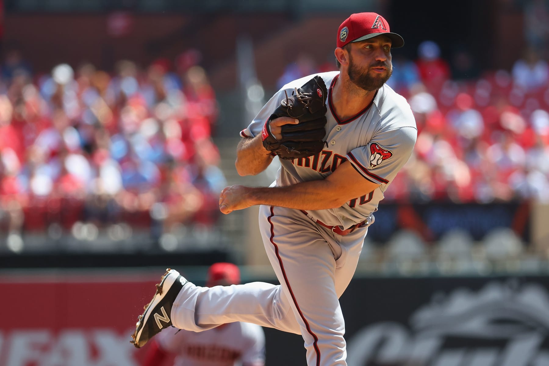 ST LOUIS, MO - APRIL 19: Madison Bumgarner #40 of the Arizona Diamondbacks delivers a pitch against the St. Louis Cardinals in the first inning at Busch Stadium on April 19, 2023 in St Louis, Missouri. (Photo by Dilip Vishwanat/Getty Images)