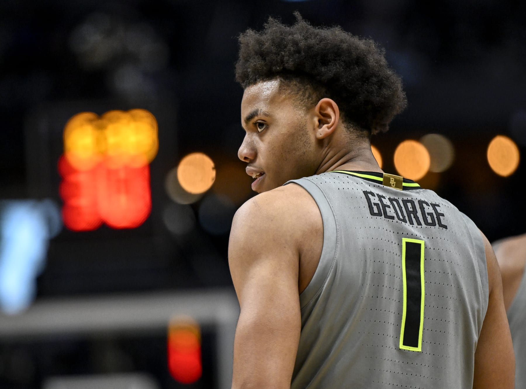 DENVER, CO - MARCH 19: Keyonte George (1) of the Baylor Bears looks over his shoulder as he and teammates trail the Creighton Bluejays during the second half of Creightons 85-76 second round NCAA mens basketball tournament win at Ball Arena in Denver on Sunday, March 19, 2023. (Photo by AAron Ontiveroz/MediaNews Group/The Denver Post via Getty Images)