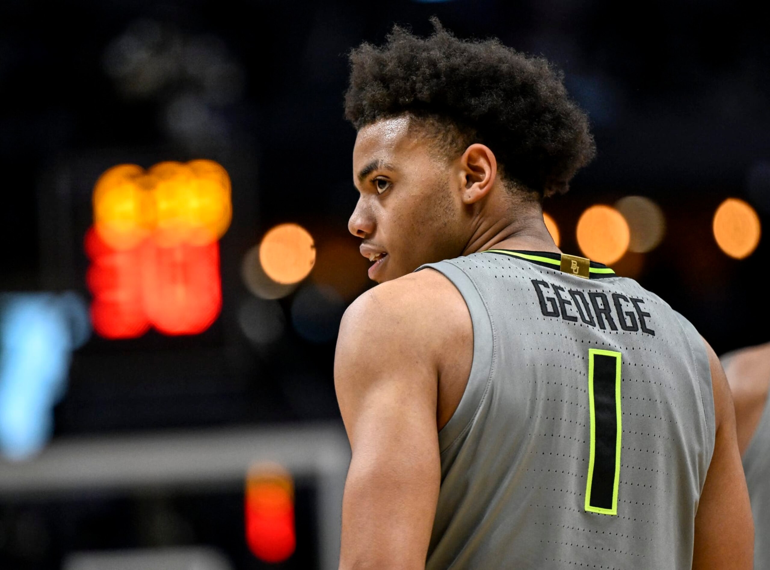 DENVER, CO - MARCH 19: Keyonte George (1) of the Baylor Bears looks over his shoulder as he and teammates trail the Creighton Bluejays during the second half of Creightons 85-76 second round NCAA mens basketball tournament win at Ball Arena in Denver on Sunday, March 19, 2023. (Photo by AAron Ontiveroz/MediaNews Group/The Denver Post via Getty Images)