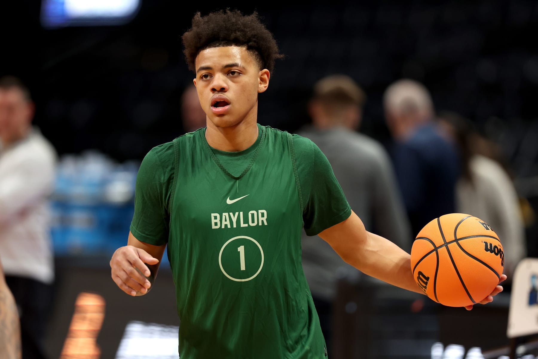 DENVER, COLORADO - MARCH 16: Keyonte George of the Baylor Bears looks on during a practice session ahead of the first round of the NCAA Men’s Basketball Tournament at Ball Arena on March 16, 2023 in Denver, Colorado. (Photo by Sean M. Haffey/Getty Images)