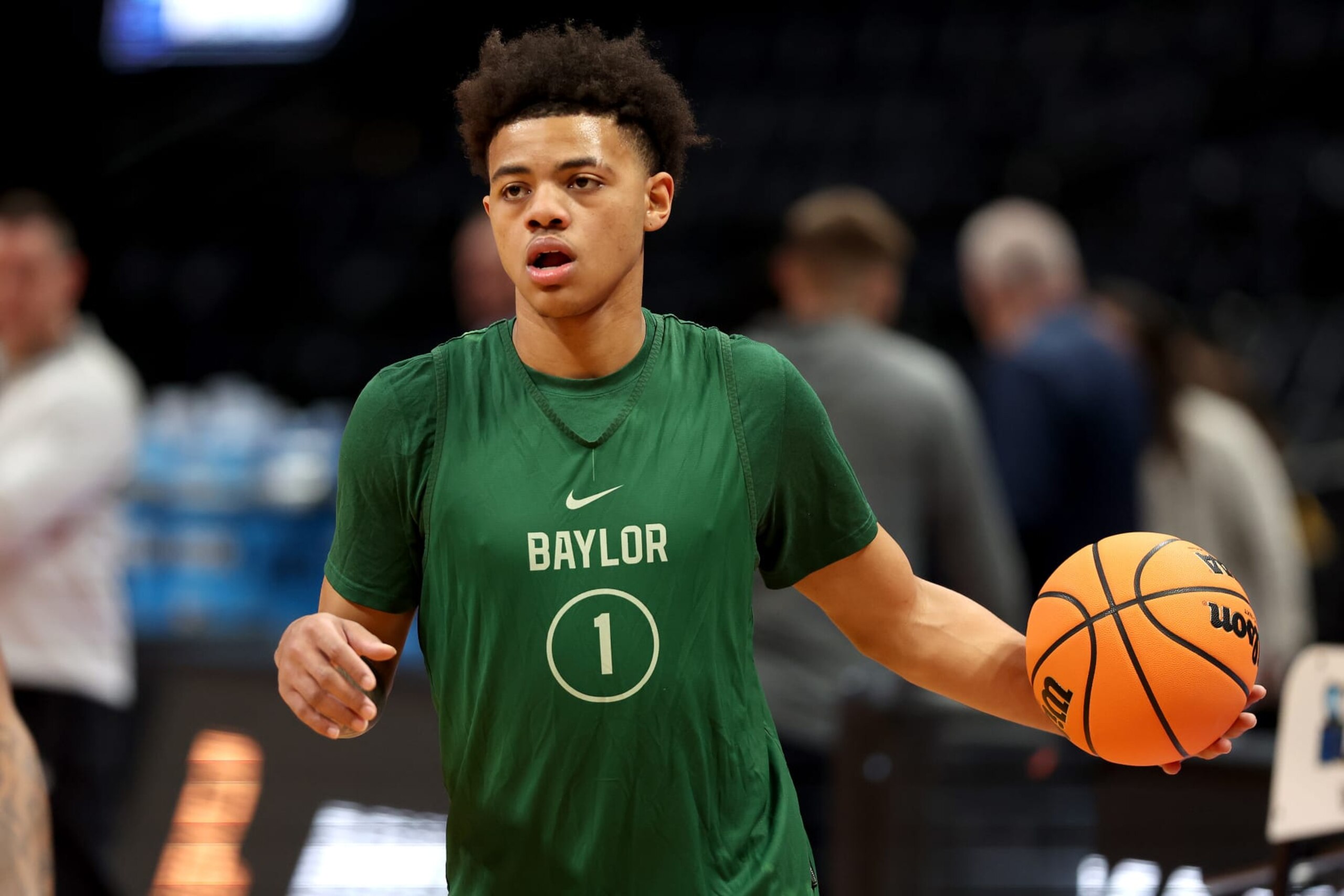 DENVER, COLORADO - MARCH 16: Keyonte George of the Baylor Bears looks on during a practice session ahead of the first round of the NCAA Men’s Basketball Tournament at Ball Arena on March 16, 2023 in Denver, Colorado. (Photo by Sean M. Haffey/Getty Images)