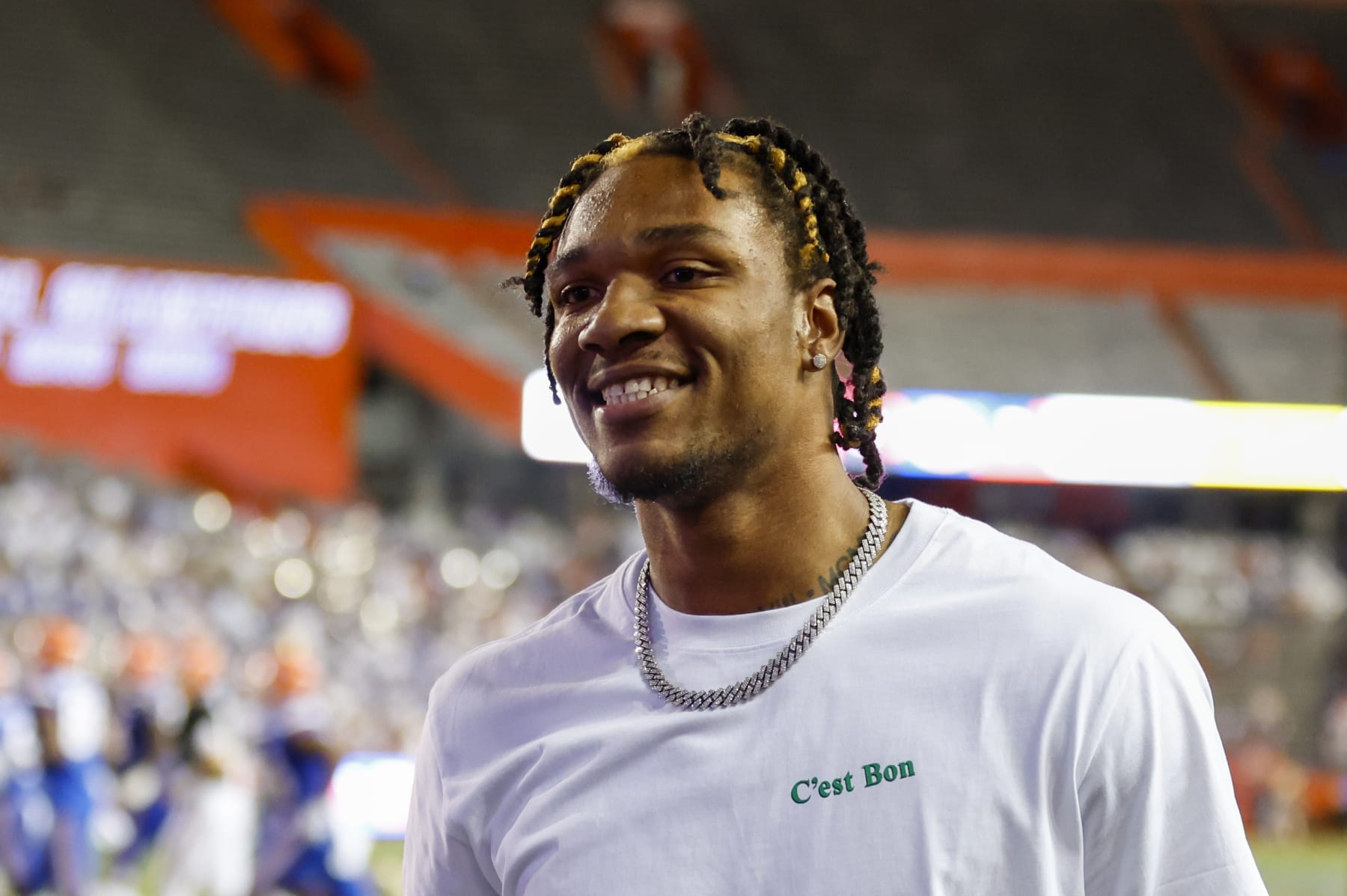 GAINESVILLE, FL - APRIL 13: Former Florida Gators quarterback Anthony Richardson looks on during the Florida Gators Orange and Blue Game on April 13, 2023 at Ben Hill Griffin Stadium at Florida Field in Gainesville, Fl. (Photo by David Rosenblum/Icon Sportswire via Getty Images)