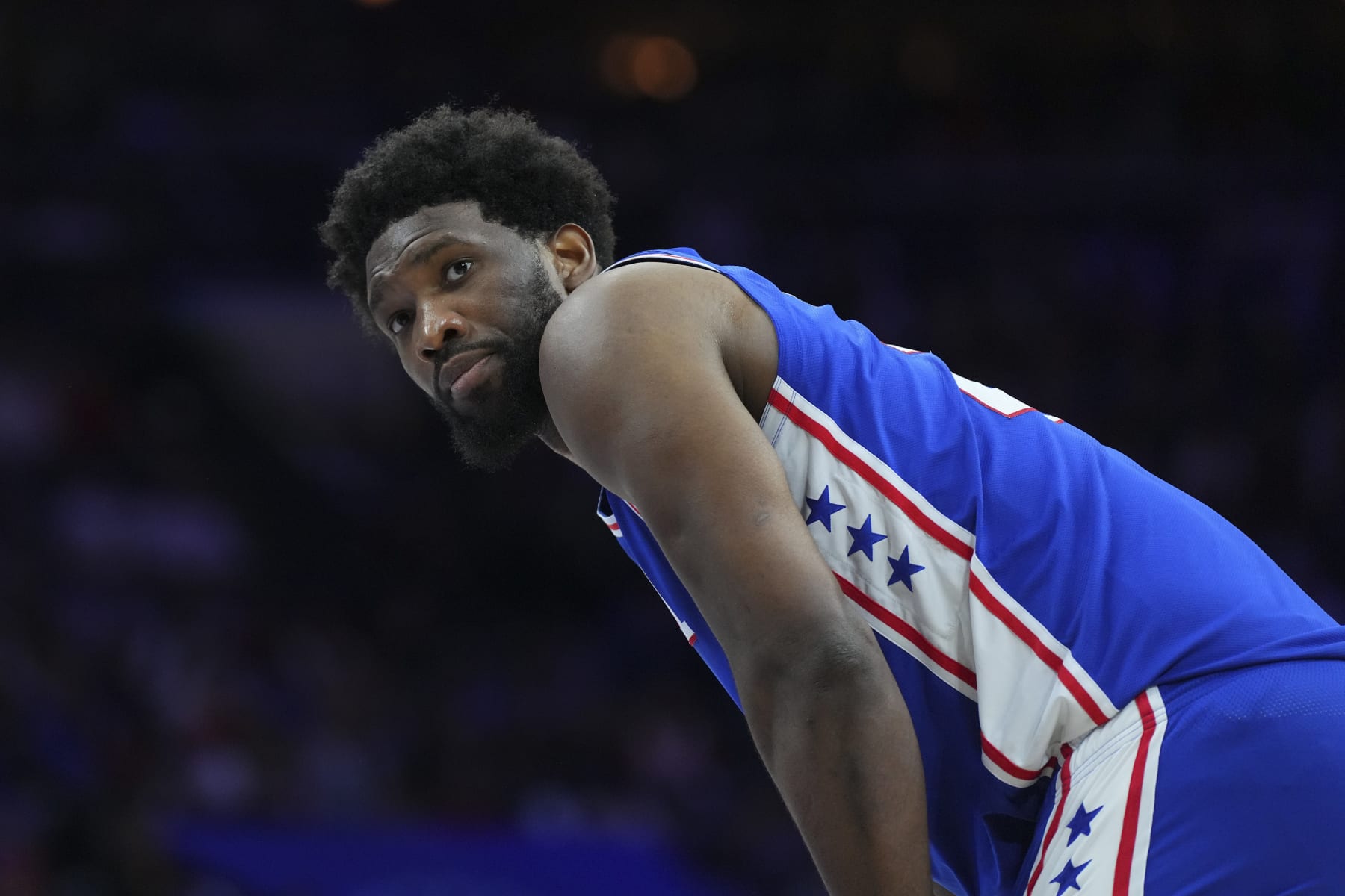 PHILADELPHIA, PA - APRIL 17: Joel Embiid #21 of the Philadelphia 76ers looks on against the Brooklyn Nets during Game Two of the Eastern Conference First Round Playoffs at the Wells Fargo Center on April 17, 2023 in Philadelphia, Pennsylvania. NOTE TO USER: User expressly acknowledges and agrees that, by downloading and or using this photograph, User is consenting to the terms and conditions of the Getty Images License Agreement. (Photo by Mitchell Leff/Getty Images)