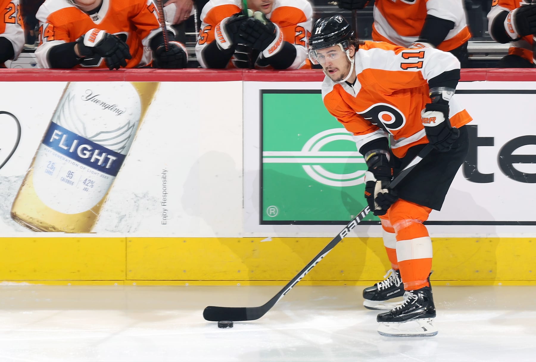 PHILADELPHIA, PENNSYLVANIA - APRIL 11:  Travis Konecny #11 of the Philadelphia Flyers skates the puck against the Columbus Blue Jackets at the Wells Fargo Center on April 11, 2023 in Philadelphia, Pennsylvania.  (Photo by Len Redkoles/NHLI via Getty Images)