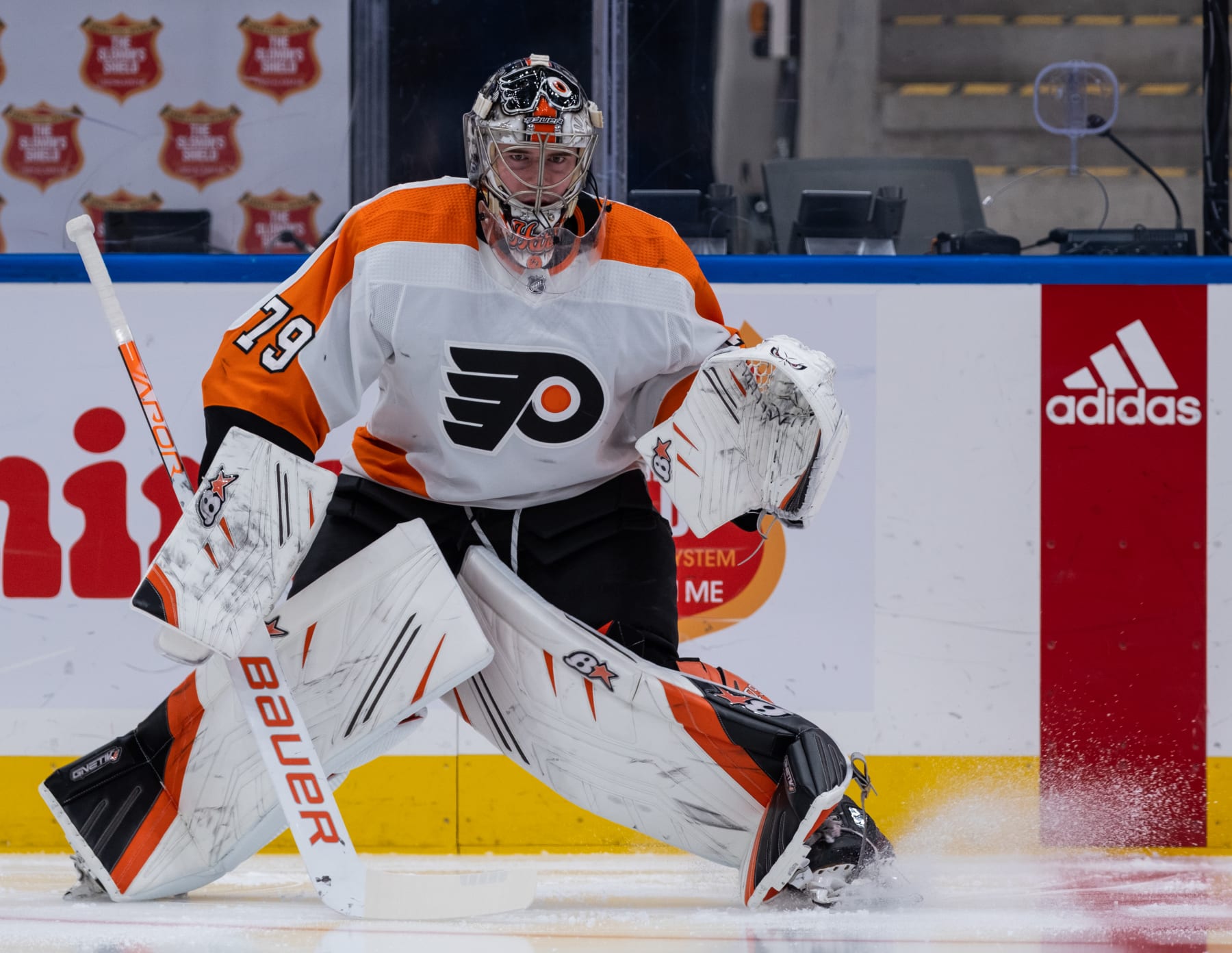 ELMONT, NEW YORK - APRIL 08: Carter Hart #79 of the Philadelphia Flyers skates during warmups prior to the game against the New York Islanders at UBS Arena on April 08, 2023 in Elmont, New York. (Photo by Michael Mooney/NHLI via Getty Images)