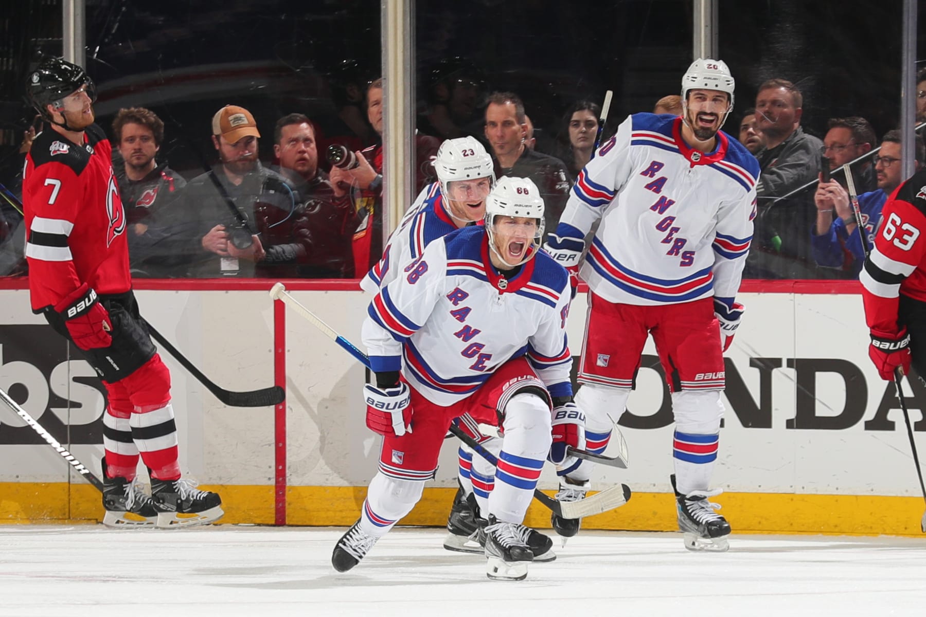 NEWARK, NJ - APRIL 20: Patrick Kane #88 of the New York Rangers celebrates his goal during the third period of Game Two of the First Round of the 2023 Stanley Cup Playoffs against the New Jersey Devils at the Prudential Center on April 20, 2023 in Newark, New Jersey.  (Photo by Rich Graessle/NHLI via Getty Images)