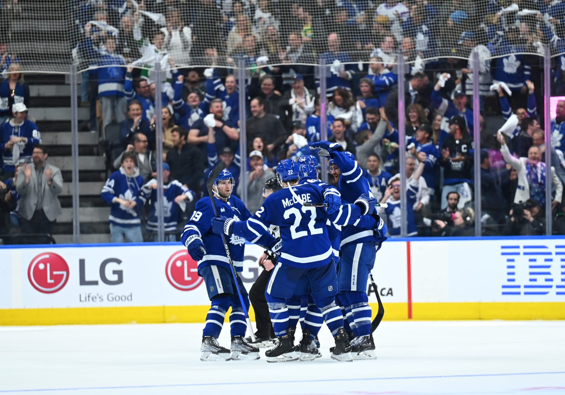 TORONTO, ON - APRIL 20: Toronto Maple Leafs celebrate a goal by Toronto Maple Leafs right wing Mitchell Marner (16) during the second period of game two in the Eastern Conference First Round between the Tampa Bay Lightning and the Toronto Maple Leafs on April 20, 2023, at Scotiabank Arena in Toronto, ON, Canada. (Photo by Gavin Napier/Icon Sportswire via Getty Images)