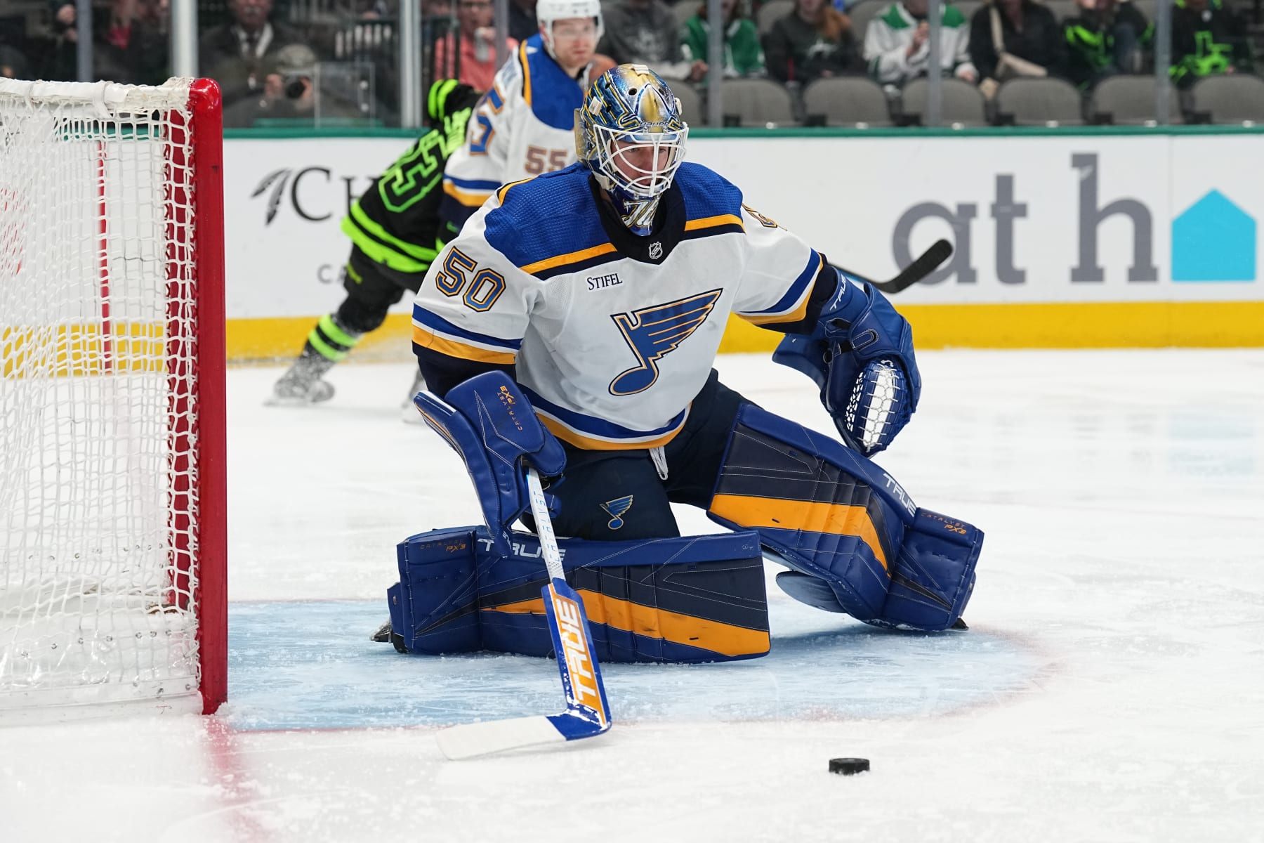DALLAS, TX - APRIL 13: Jordan Binnington #50 of the St. Louis Blues tends goal against the Dallas Stars at the American Airlines Center on April 13, 2023 in Dallas, Texas. (Photo by Glenn James/NHLI via Getty Images)